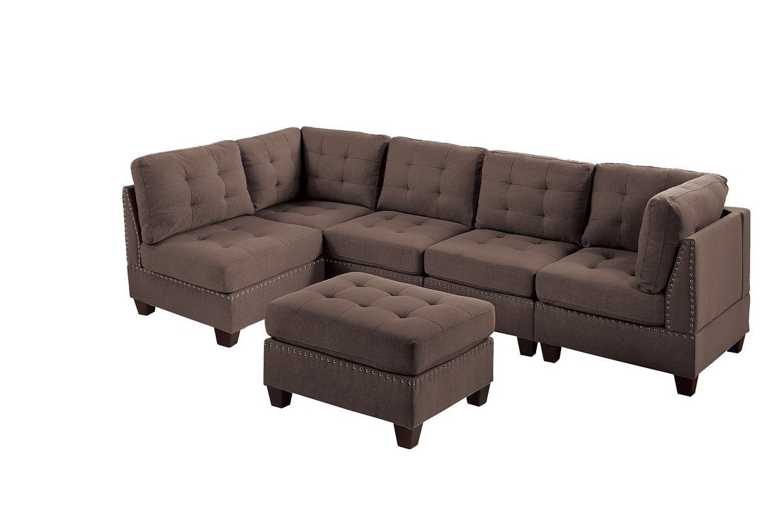 Contemporary Modular Sectional 6Pc Set Living Room Furniture Corner Sectional Black Coffee Linen Like Fabric Tufted Nail Heads 2X Corner Wedge 3X Armless Chair And 1X Ottoman Coffee Wood Primary Living Space Cushion Back Contemporary,Modern Modular