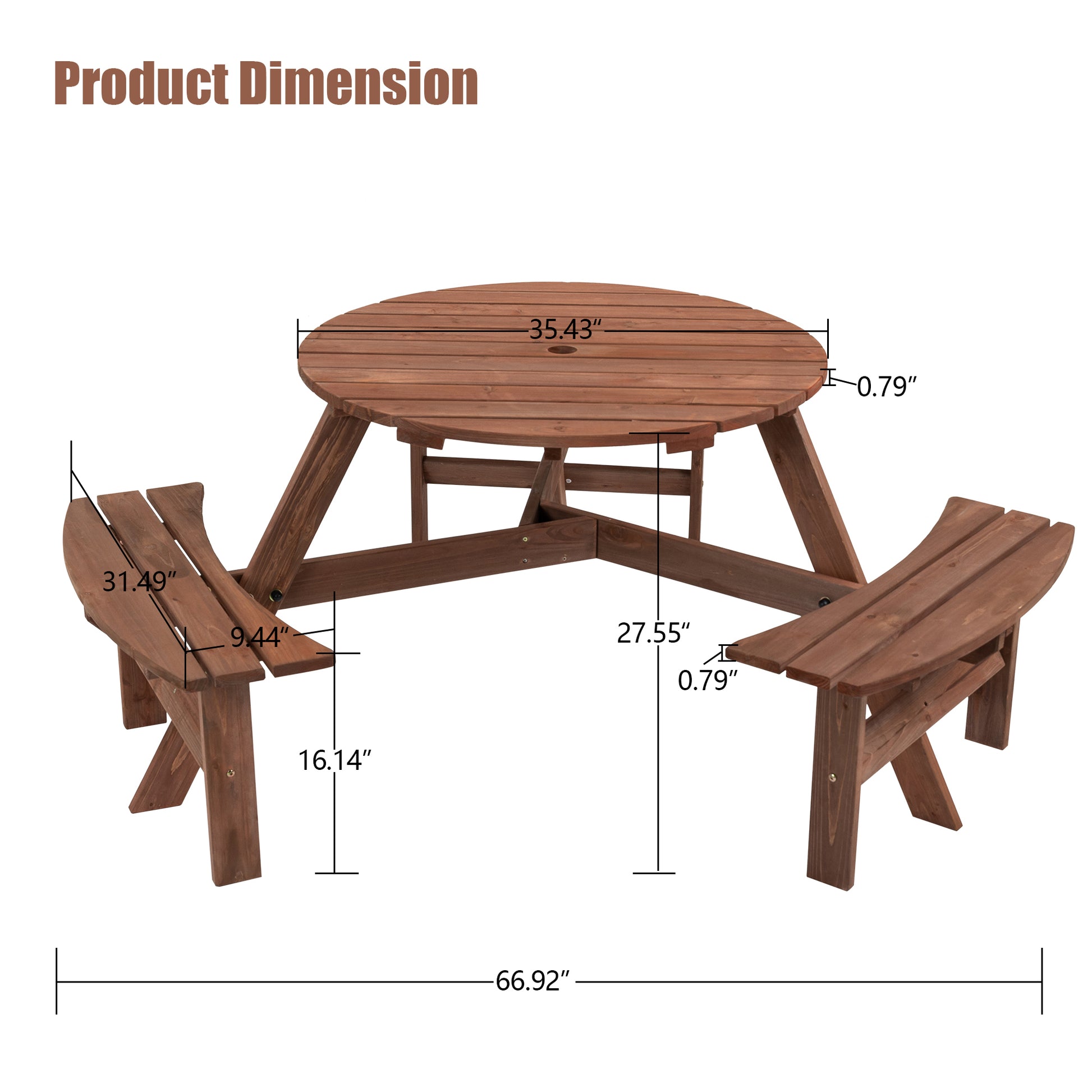 6 Person Circular Outdoor Wooden Picnic Table For Patio, Backyard, Garden, Diy W 3 Built In Benches, 1720Lb Capacity Brown Brown Solid Wood