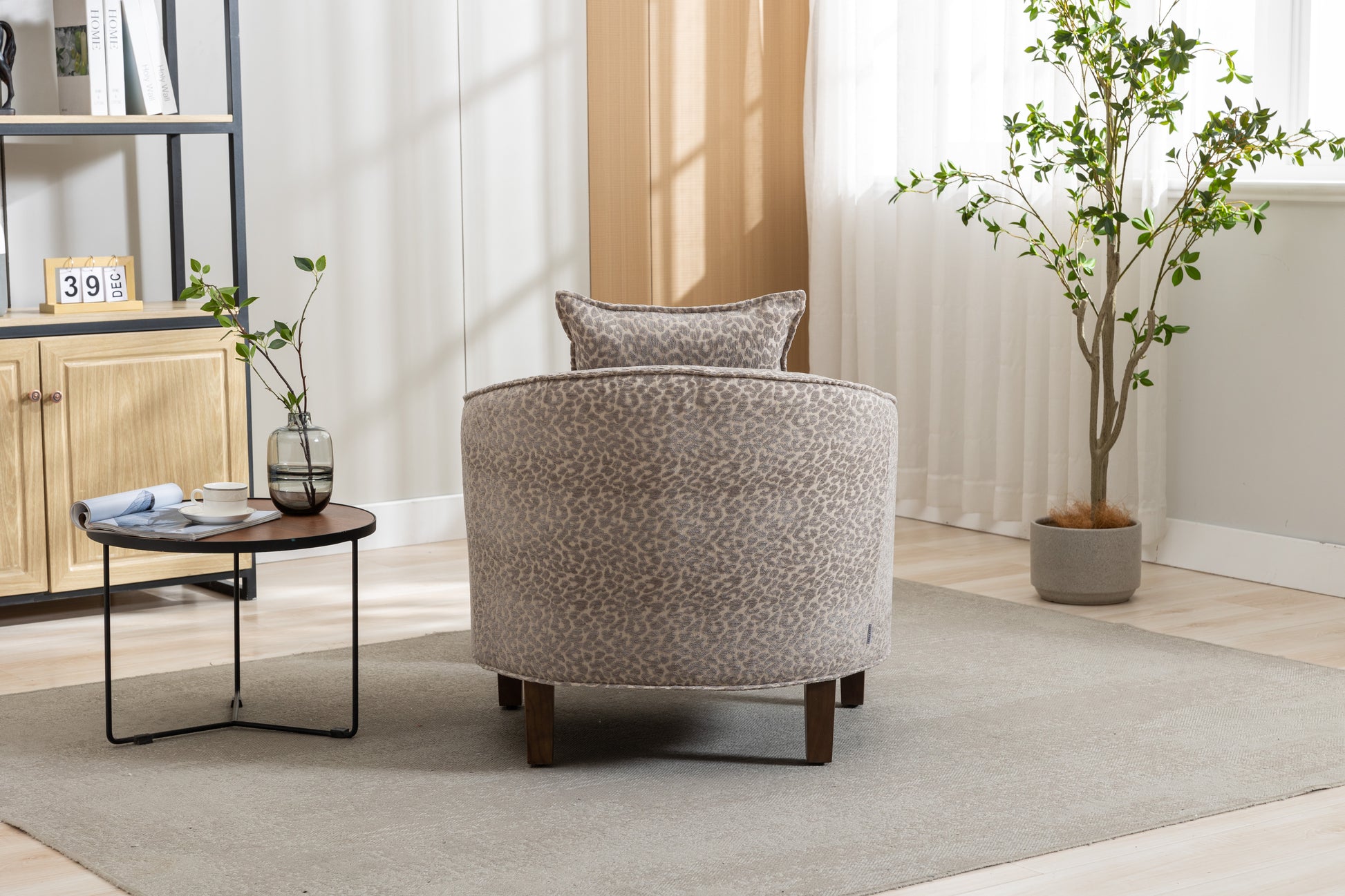 Coolmore Accent Chair With Ottoman, Mid Century Modern Barrel Chair Upholstered Club Tub Round Arms Chair For Living Room Leopard Gray Chenille