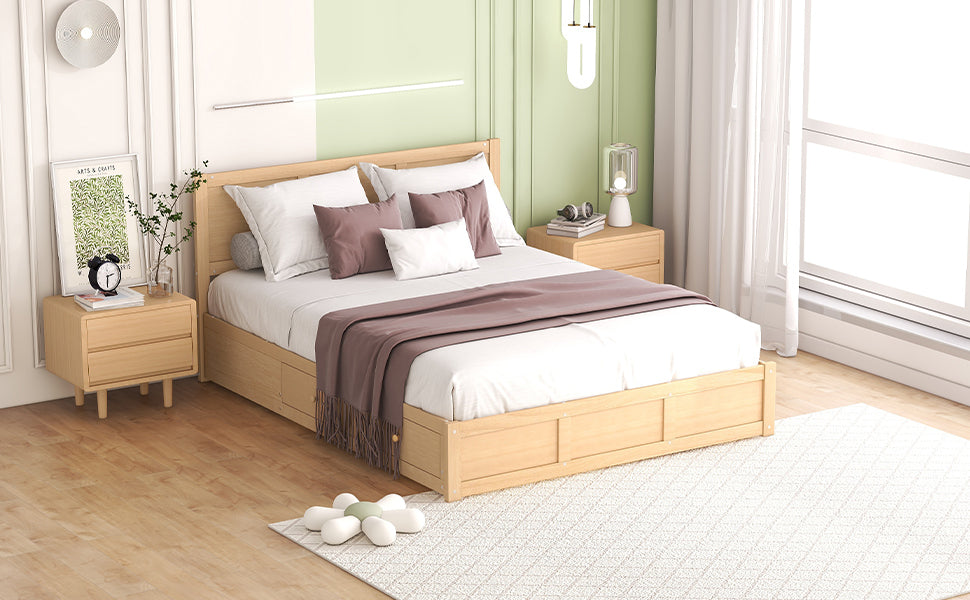 Queen Size Wood Platform Bed With Underneath Storage And 2 Drawers, Wood Color Box Spring Not Required Queen Natural Wood Bedroom Bed Frame Solid Wood Mdf