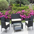 4 Pc Rattan Patio Furniture Set Outdoor Patio Cushioned Seat Wicker Sofa Beige Cushion Black Iron