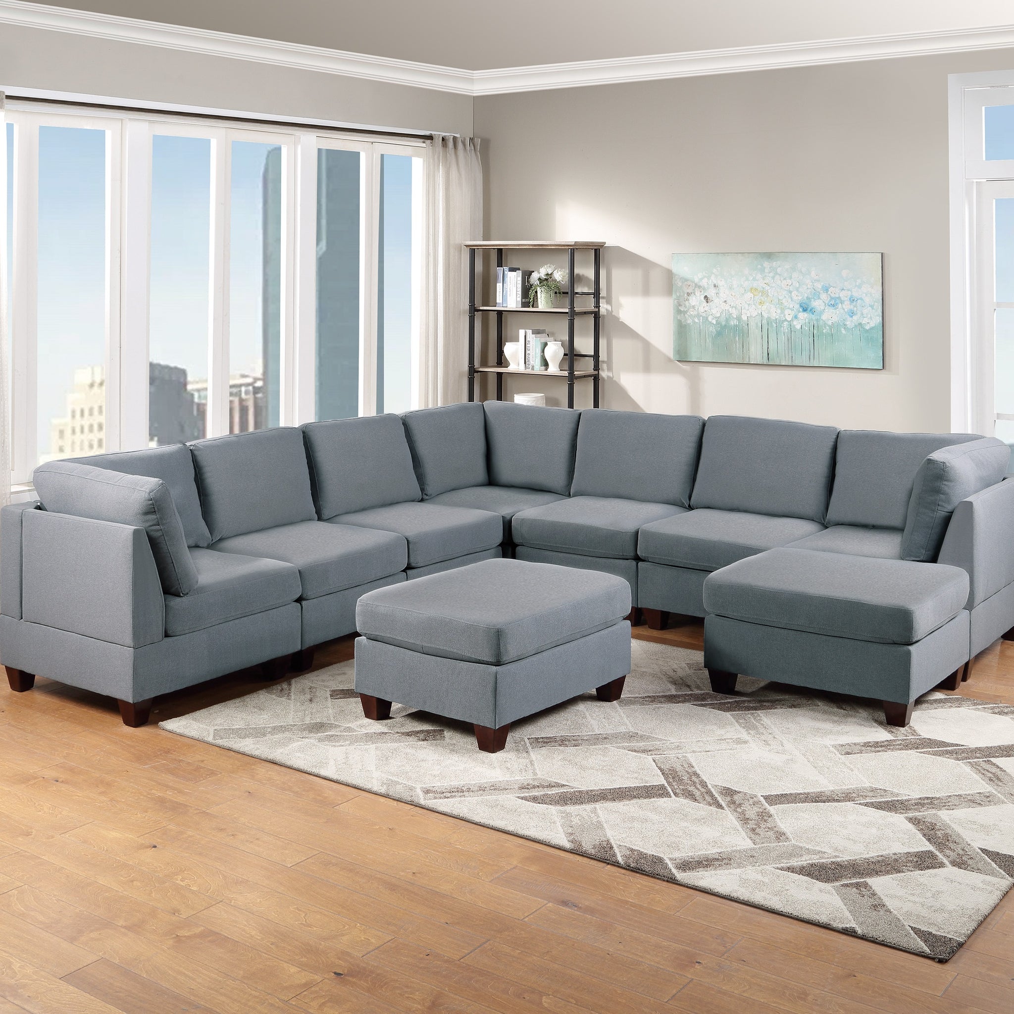 Modular Sectional 9Pc Set Living Room Furniture Corner Sectional Couch Grey Linen Like Fabric 3X Corner Wedge 4X Armless Chairs And 2X Ottomans Grey Wood Primary Living Space Cushion Back Modern,Transitional Modular Fabric 9 Seat