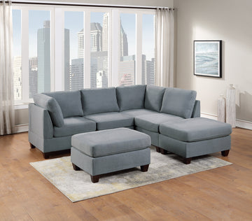 Modular Sectional 6Pc Set Living Room Furniture L Sectional Grey Linen Like Fabric 2X Corner Wedge 2X Armless Chairs And 2X Ottomans Grey Wood Primary Living Space Cushion Back Modern,Transitional L Shaped Rubberwood Fabric 6 Seat