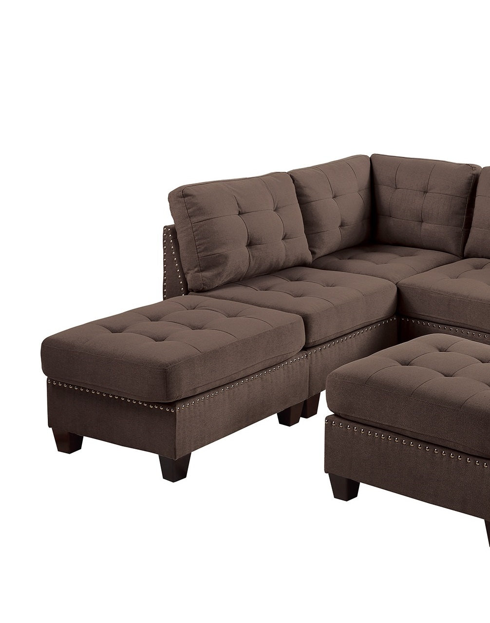 Contemporary Modular Sectional 7Pc Set Living Room Furniture Corner L Sectional Black Coffee Linen Like Fabric Tufted Nail Heads 2X Corner Wedge 3X Armless Chair And 2X Ottoman Coffee Wood Primary Living Space Cushion Back Contemporary,Modern Modular