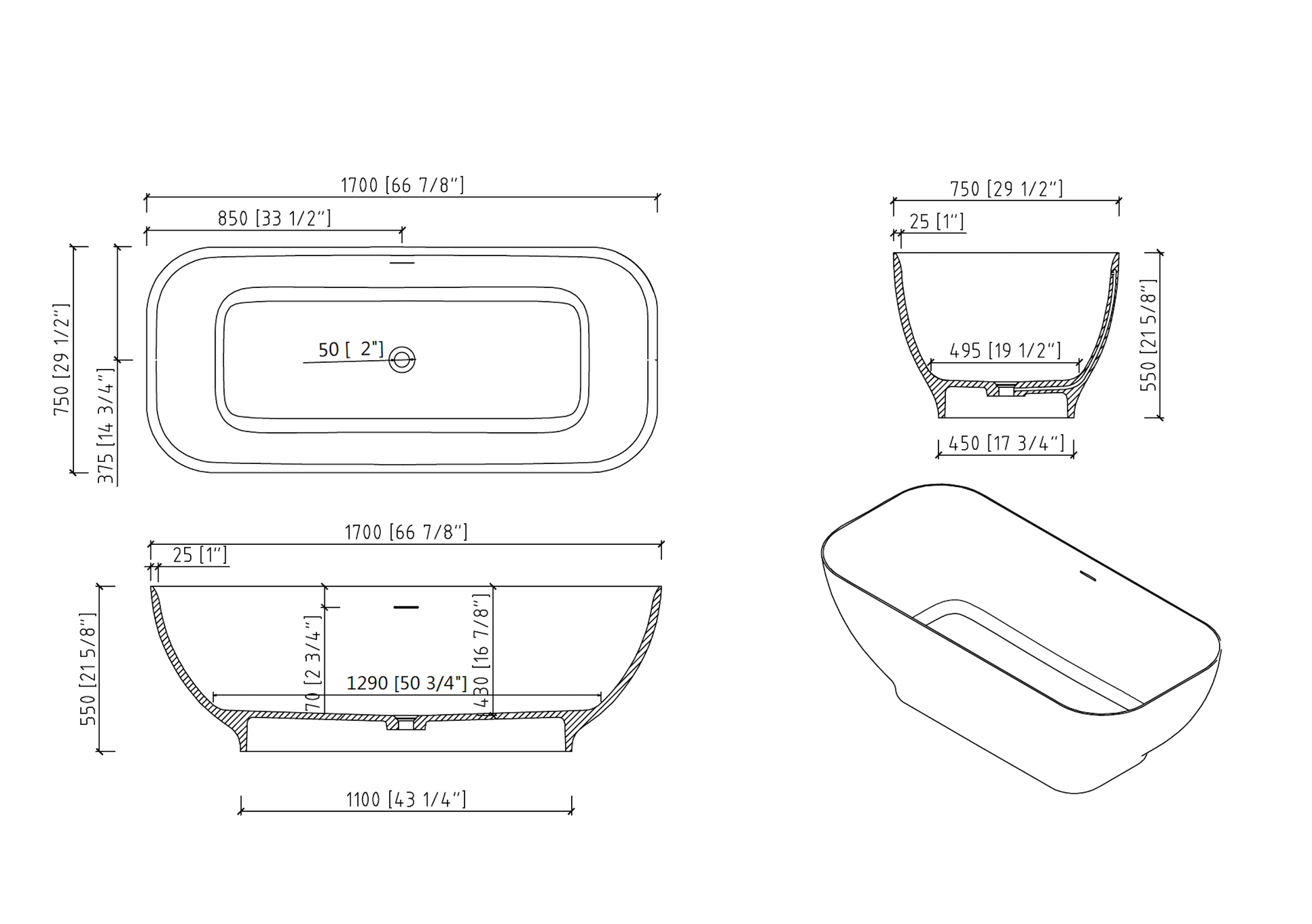 67" Freestanding Solid Surface Bathtub, Luxury Engineered Stone Resin Freestanding Soaking Bathtub With Overflow And Pop Up Drain Cupc Certified, Matte White 22S04 67 Matte White Polyresin