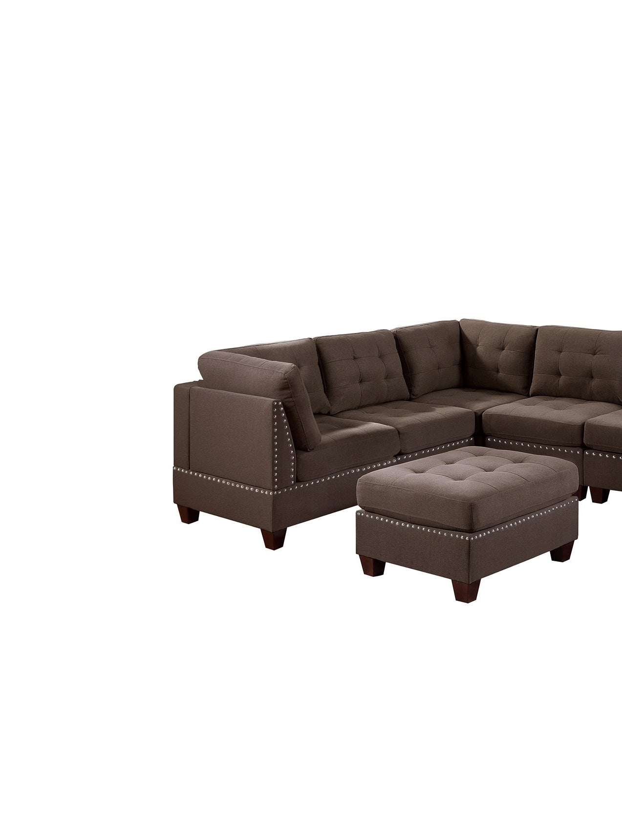 Contemporary Modular Sectional 8Pc Set Living Room Furniture Corner L Sectional Black Coffee Linen Like Fabric Tufted Nail Heads 3X Corner Wedge 3X Armless Chair And 2X Ottoman Coffee Wood Primary Living Space Cushion Back Contemporary,Modern Modular