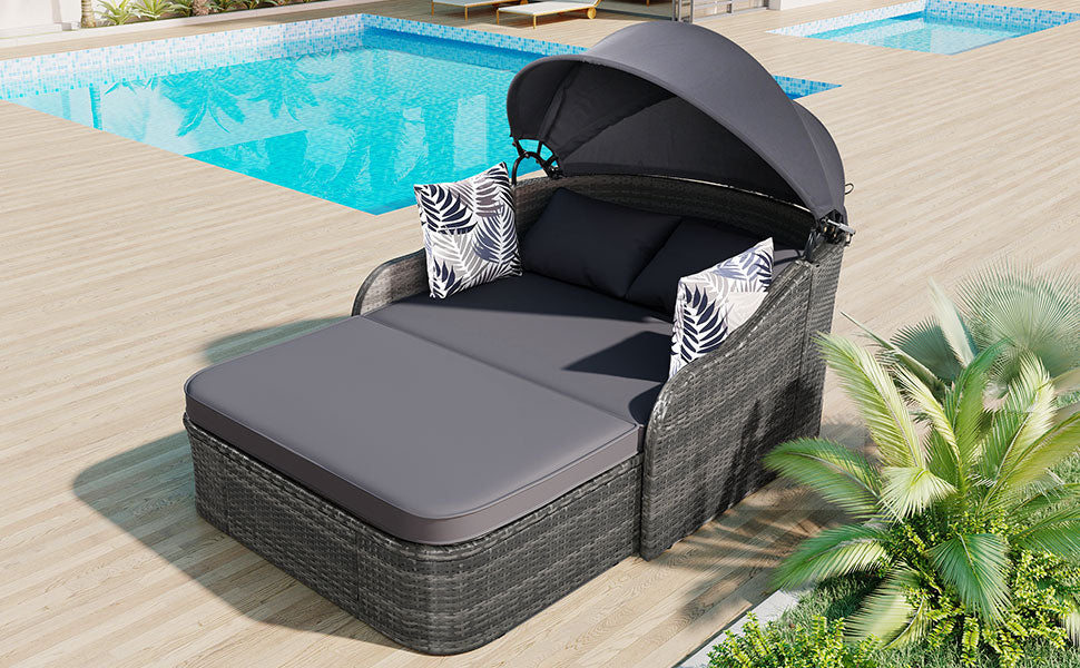 79.9" Outdoor Sunbed With Adjustable Canopy, Double Lounge, Pe Rattan Daybed, Gray Wicker And Cushion Yes Gray Wicker