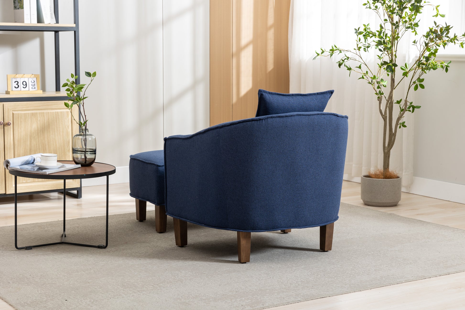 Coolmore Accent Chair With Ottoman, Mid Century Modern Barrel Chair Upholstered Club Tub Round Arms Chair For Living Room Navy Linen