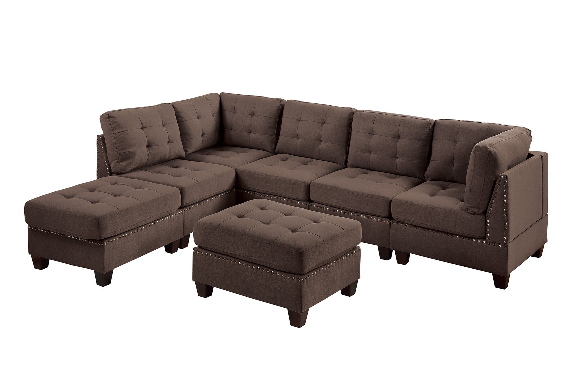 Contemporary Modular Sectional 7Pc Set Living Room Furniture Corner L Sectional Black Coffee Linen Like Fabric Tufted Nail Heads 2X Corner Wedge 3X Armless Chair And 2X Ottoman Coffee Wood Primary Living Space Cushion Back Contemporary,Modern Modular