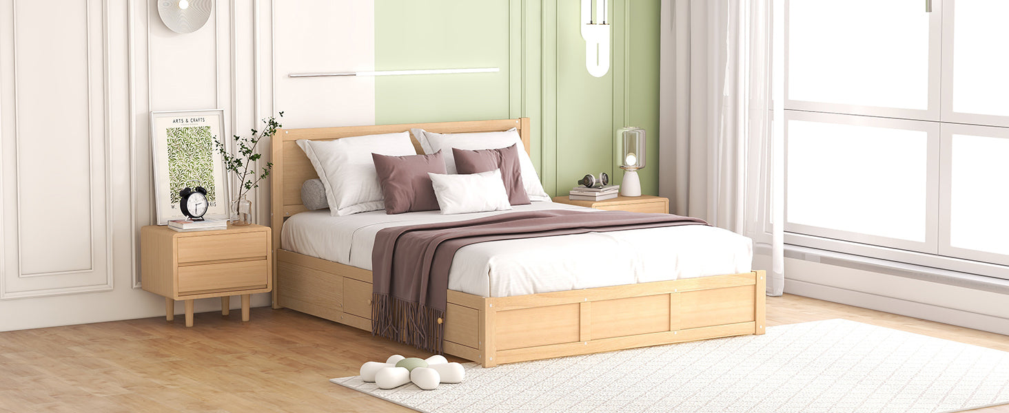 Queen Size Wood Platform Bed With Underneath Storage And 2 Drawers, Wood Color Box Spring Not Required Queen Natural Wood Bedroom Bed Frame Solid Wood Mdf