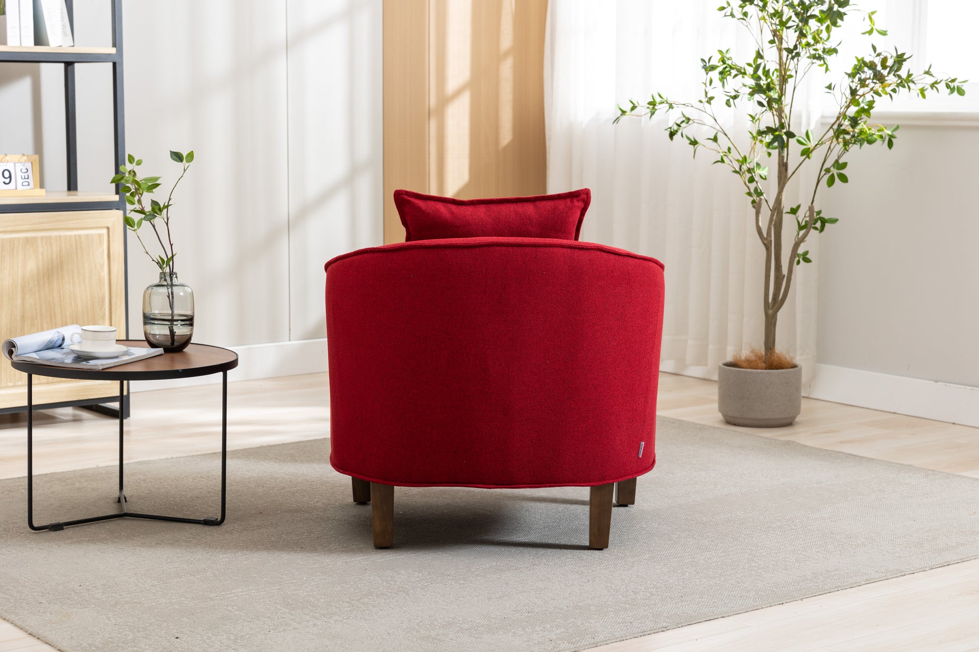 Coolmore Accent Chair With Ottoman, Mid Century Modern Barrel Chair Upholstered Club Tub Round Arms Chair For Living Room Red Linen