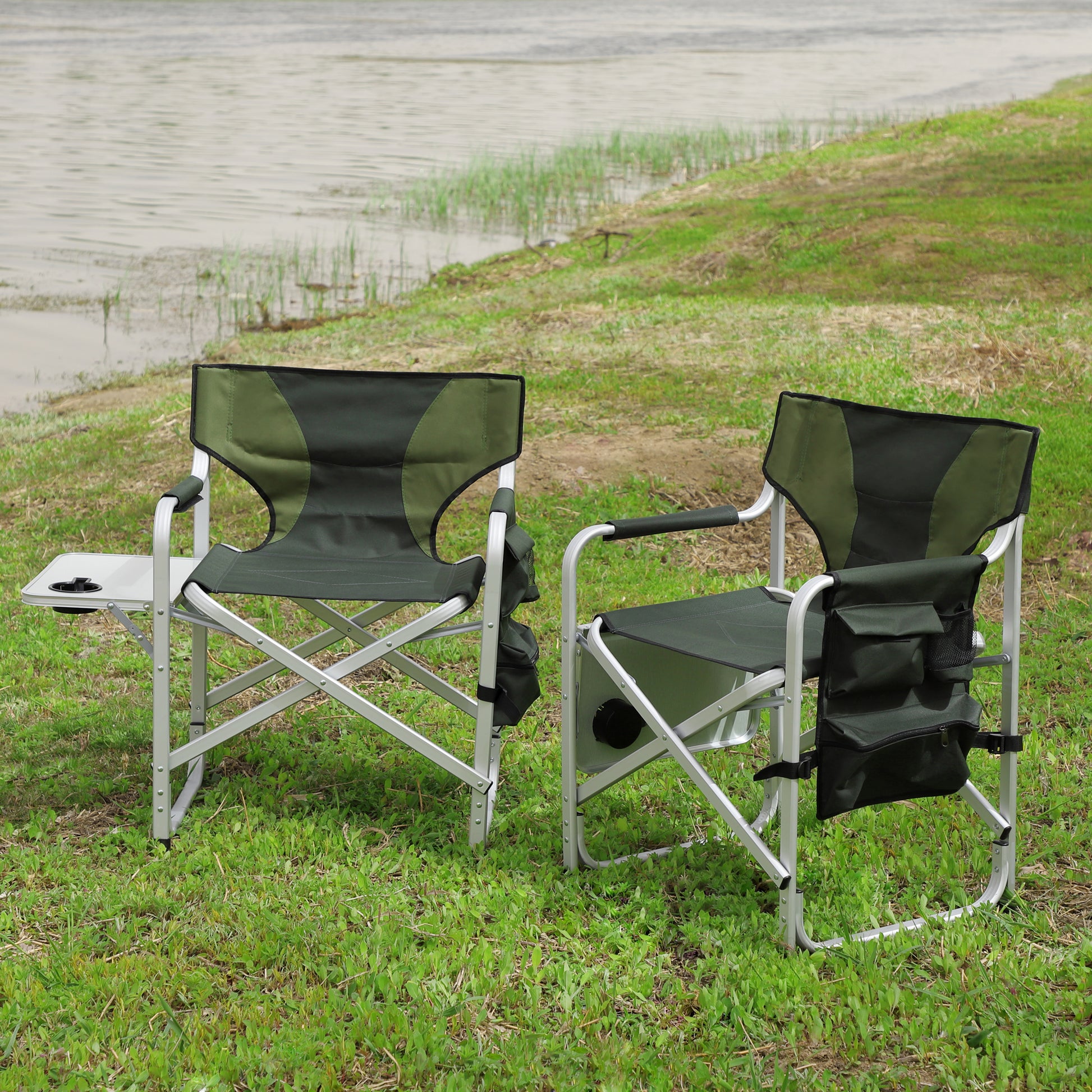 2 Piece Padded Folding Outdoor Chair With Side Table And Storage Pockets,Lightweight Oversized Directors Chair For Indoor, Outdoor Camping, Picnics And Fishing,Green Green Aluminum