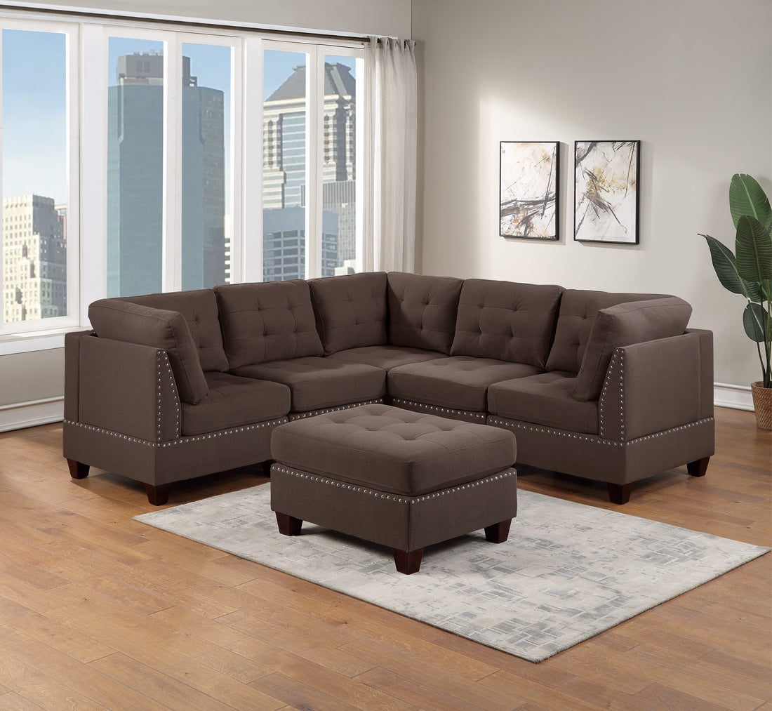 Modular Sectional 6Pc Set Living Room Furniture Corner Sectional Tufted Nail Heads Couch Black Coffee Linen Like Fabric 3X Corner Wedge 2X Armless Chairs And 1X Ottoman Coffee Wood Primary Living Space Cushion Back Contemporary,Modern,Transitional