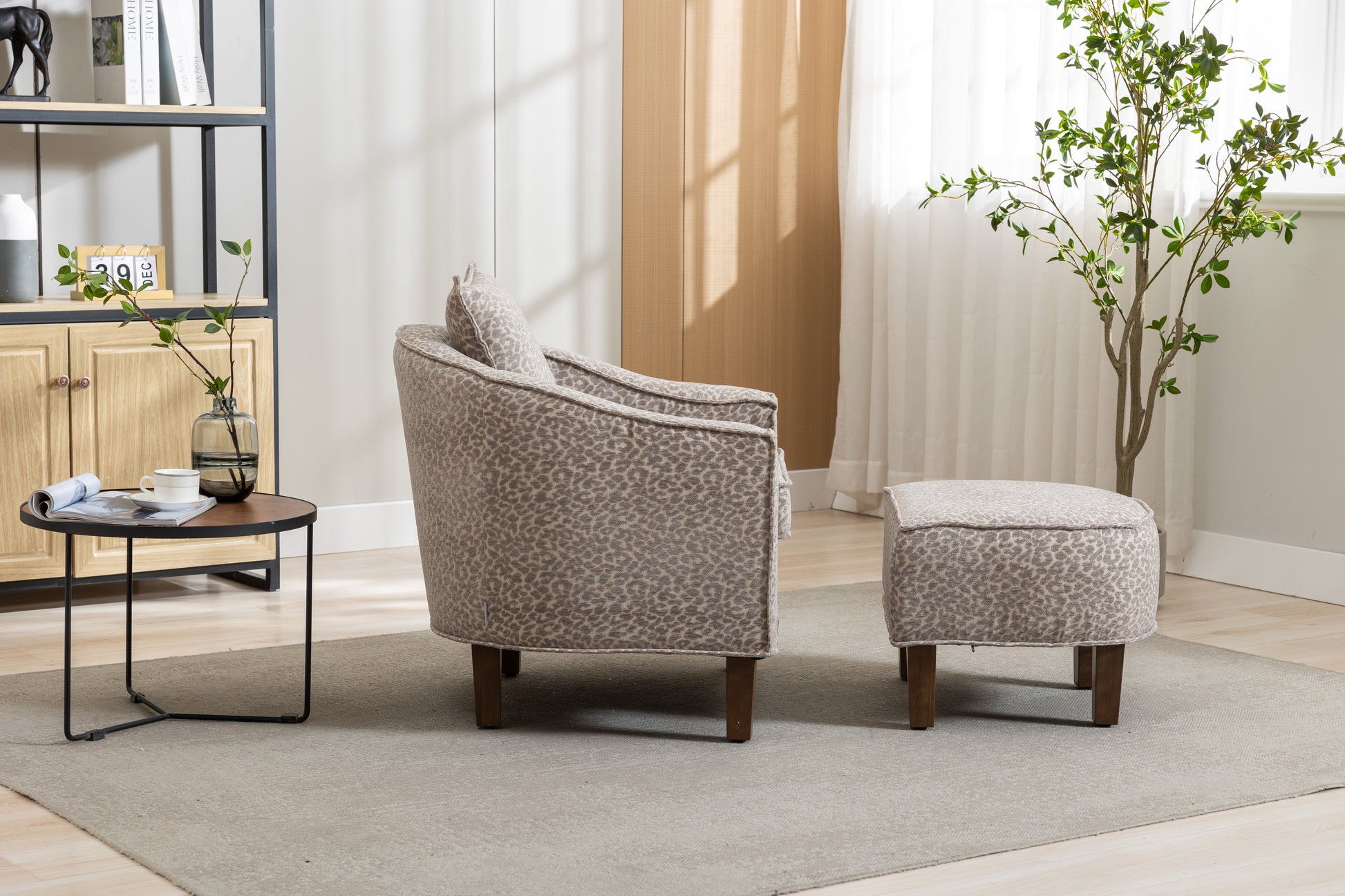 Coolmore Accent Chair With Ottoman, Mid Century Modern Barrel Chair Upholstered Club Tub Round Arms Chair For Living Room Leopard Gray Chenille