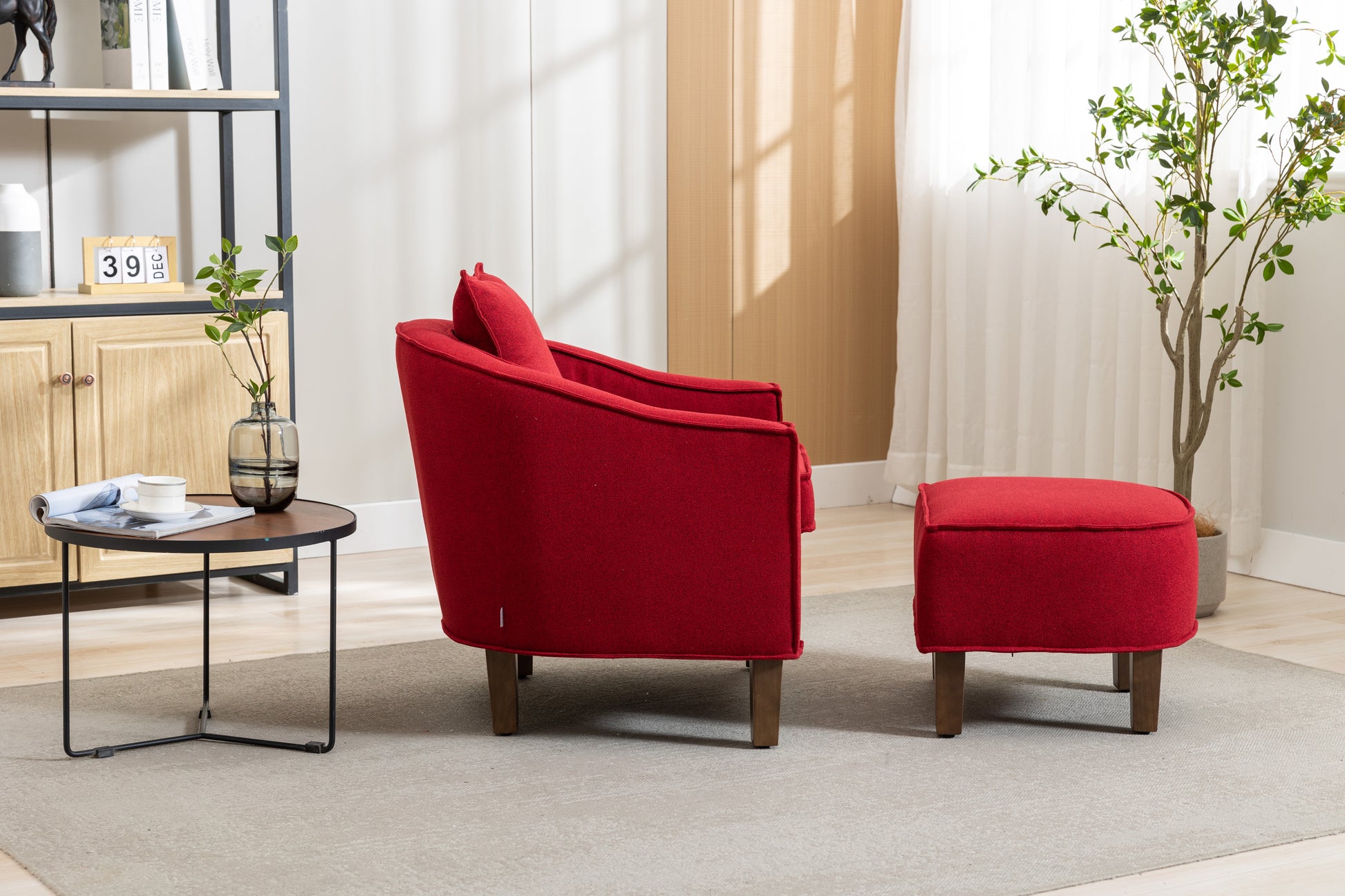 Coolmore Accent Chair With Ottoman, Mid Century Modern Barrel Chair Upholstered Club Tub Round Arms Chair For Living Room Red Linen