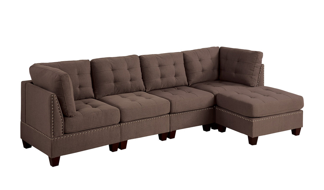 Modular Sectional 5Pc Set Living Room Furniture Corner L Sectional Black Coffee Linen Like Fabric Tufted Nail Heads 2X Corner Wedge 2X Armless Chair And 1X Ottoman Coffee Wood Primary Living Space Cushion Back Contemporary,Modern Modular Fabric 5 Seat