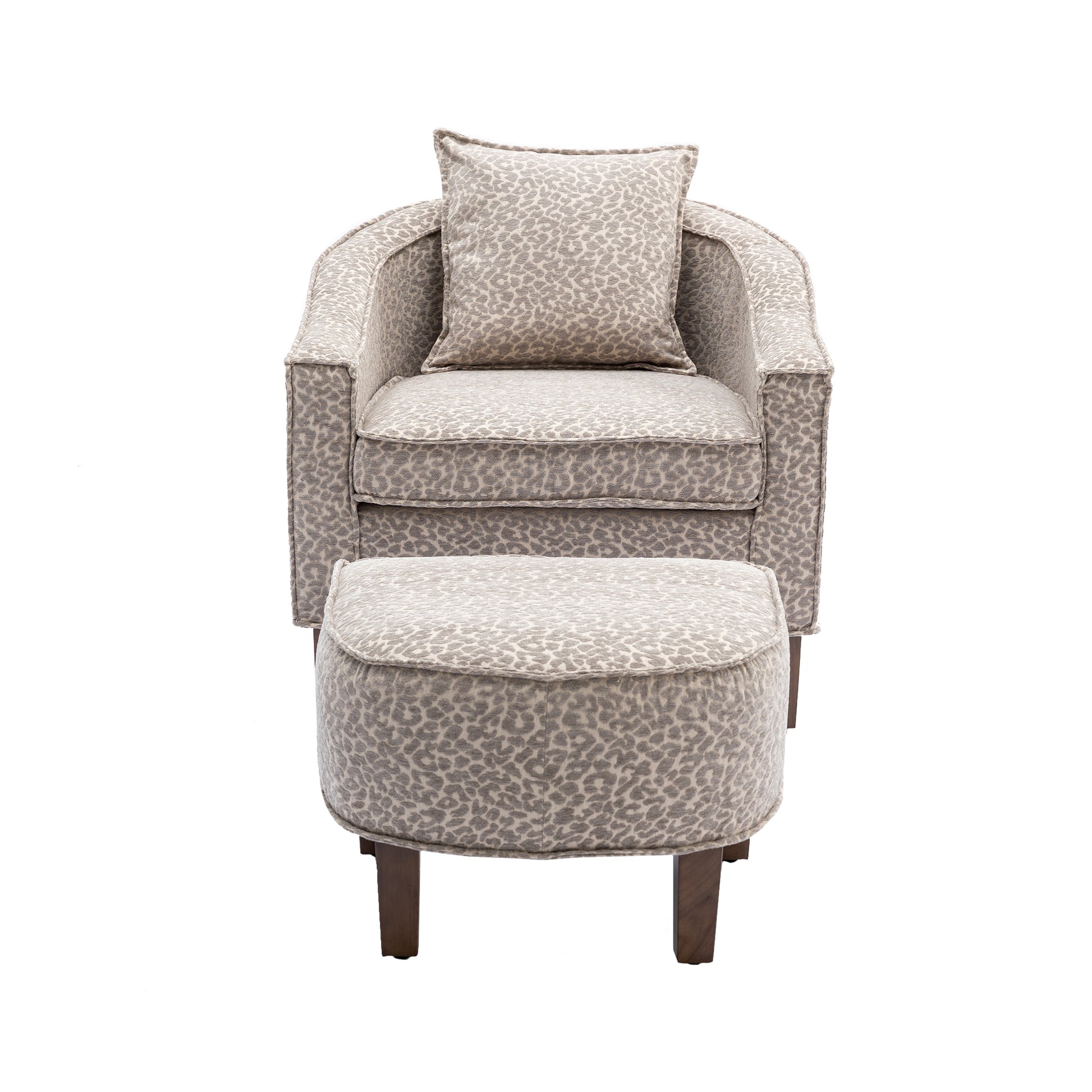Coolmore Accent Chair With Ottoman, Mid Century Modern Barrel Chair Upholstered Club Tub Round Arms Chair For Living Room Leopard Gray Chenille