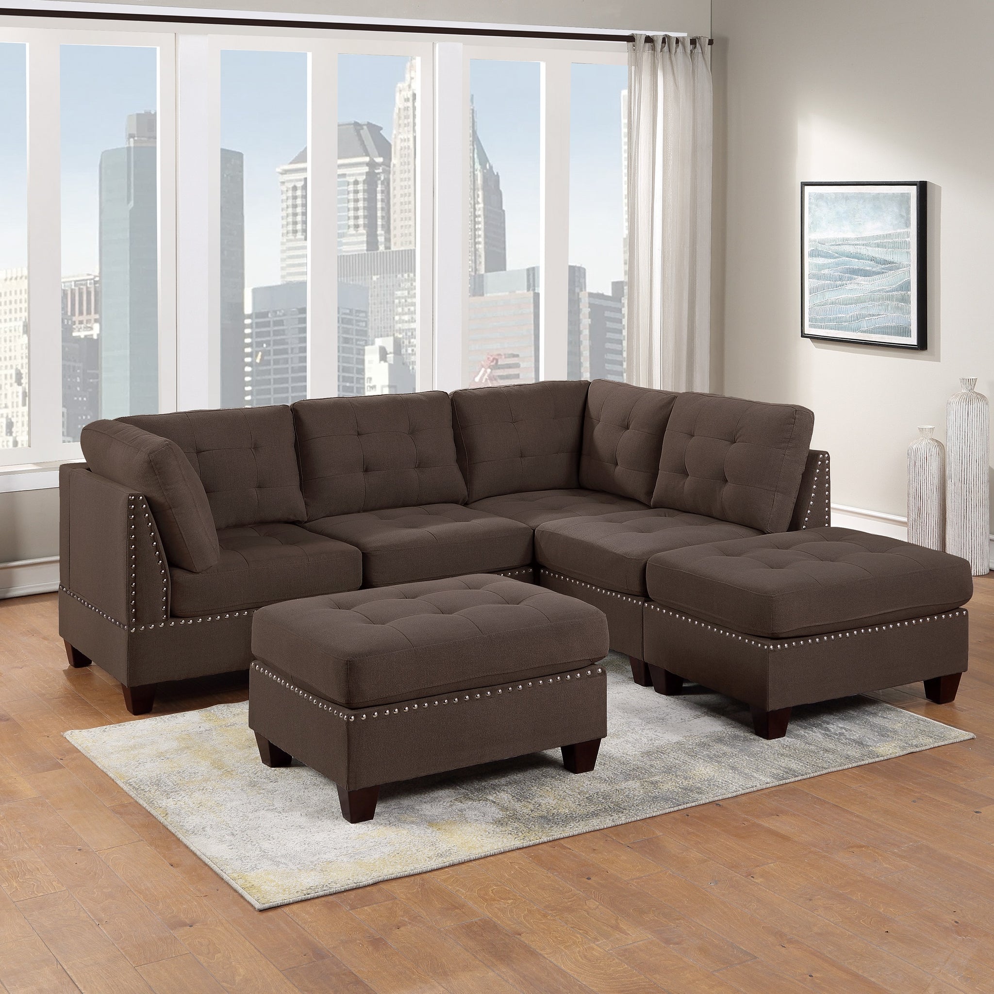 Modular Sectional 6Pc Set Living Room Furniture L Sectional Black Coffee Linen Like Fabric Tufted Nailheads 2X Corner Wedge 2X Armless Chairs And 2X Ottomans Coffee Wood Primary Living Space Cushion Back Contemporary,Modern,Transitional L Shaped Fabric 6