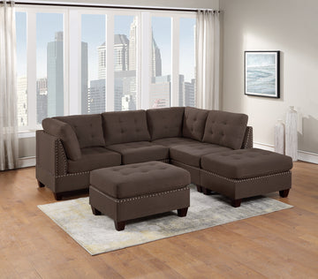 Modular Sectional 6Pc Set Living Room Furniture L Sectional Black Coffee Linen Like Fabric Tufted Nailheads 2X Corner Wedge 2X Armless Chairs And 2X Ottomans Coffee Wood Primary Living Space Cushion Back Contemporary,Modern,Transitional L Shaped Fabric 6