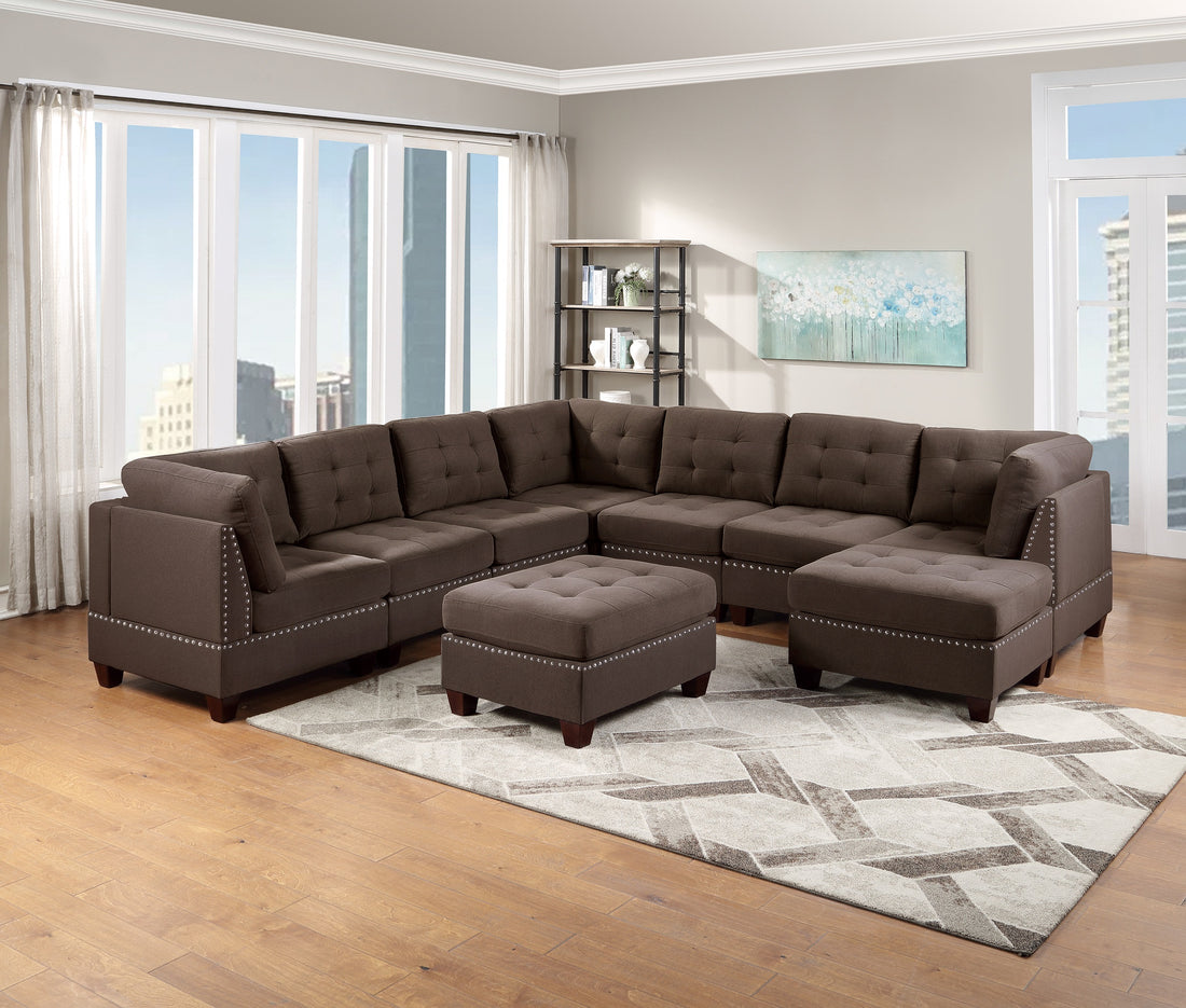 Modular Sectional 9Pc Set Living Room Furniture Corner Sectional Tufted Nail Heads Couch Black Coffee Linen Like Fabric 3X Corner Wedge 4X Armless Chairs And 2X Ottomans Coffee Primary Living Space Cushion Back Contemporary,Modern Modular Fabric 9 Seat