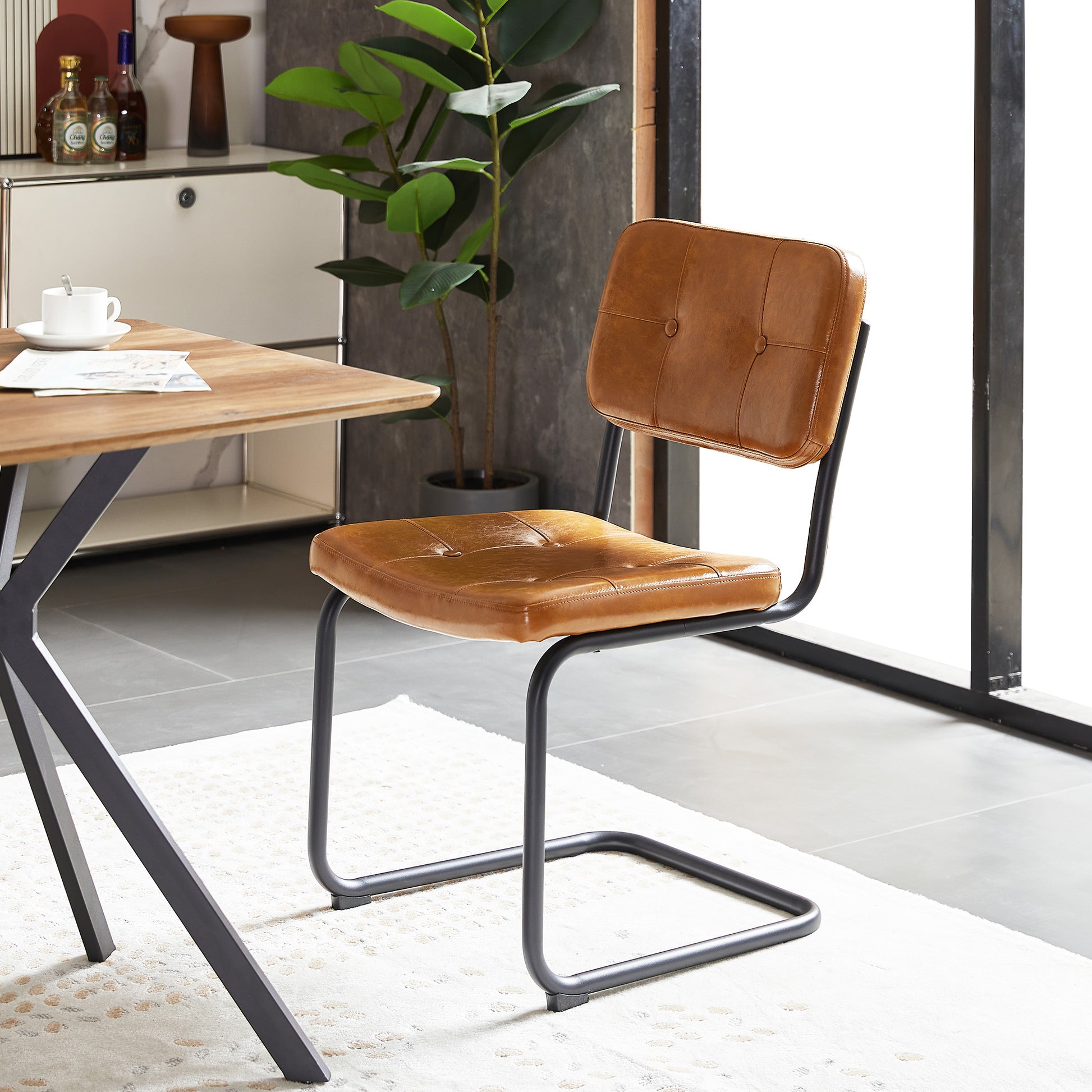 Brown Modern Simple Style Dining Chair Pu Leather Black Metal Pipe Dining Room Furniture Chair Set Of 2 Brown Pu Leather