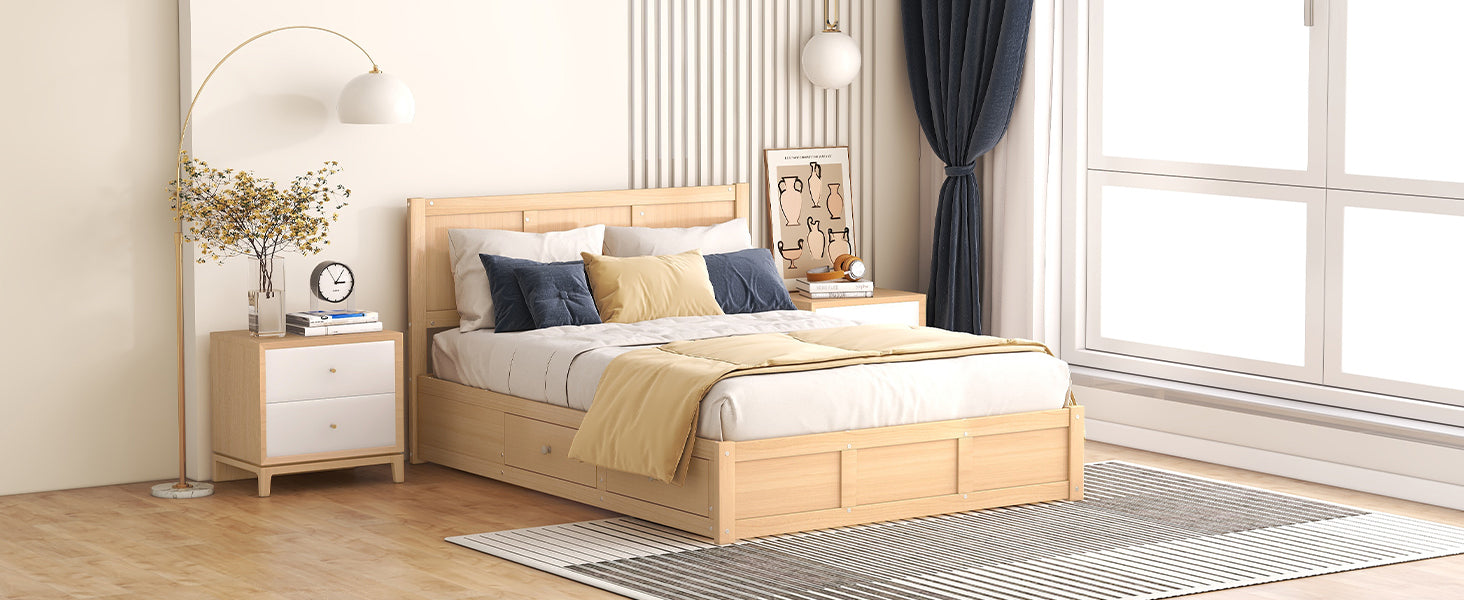 Full Size Wood Platform Bed With Underneath Storage And 2 Drawers, Wood Color Box Spring Not Required Full Natural Wood Bedroom Bed Frame Solid Wood Mdf