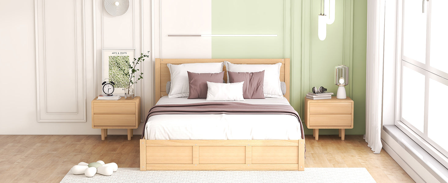 Queen Size Wood Platform Bed With Underneath Storage And 2 Drawers, Wood Color Box Spring Not Required Queen Natural Wood Bedroom Bed Frame Solid Wood Mdf