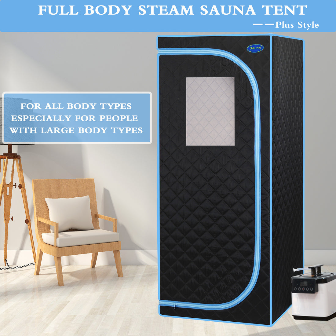 Portable Plus Type Full Size Steam Sauna Tent. Spa, Detox ,Therapy And Relaxation At Home.Larger Space,Stainless Steel Connector Easy To Install, With Fcc Certification Black Blue Binding Black Polyester