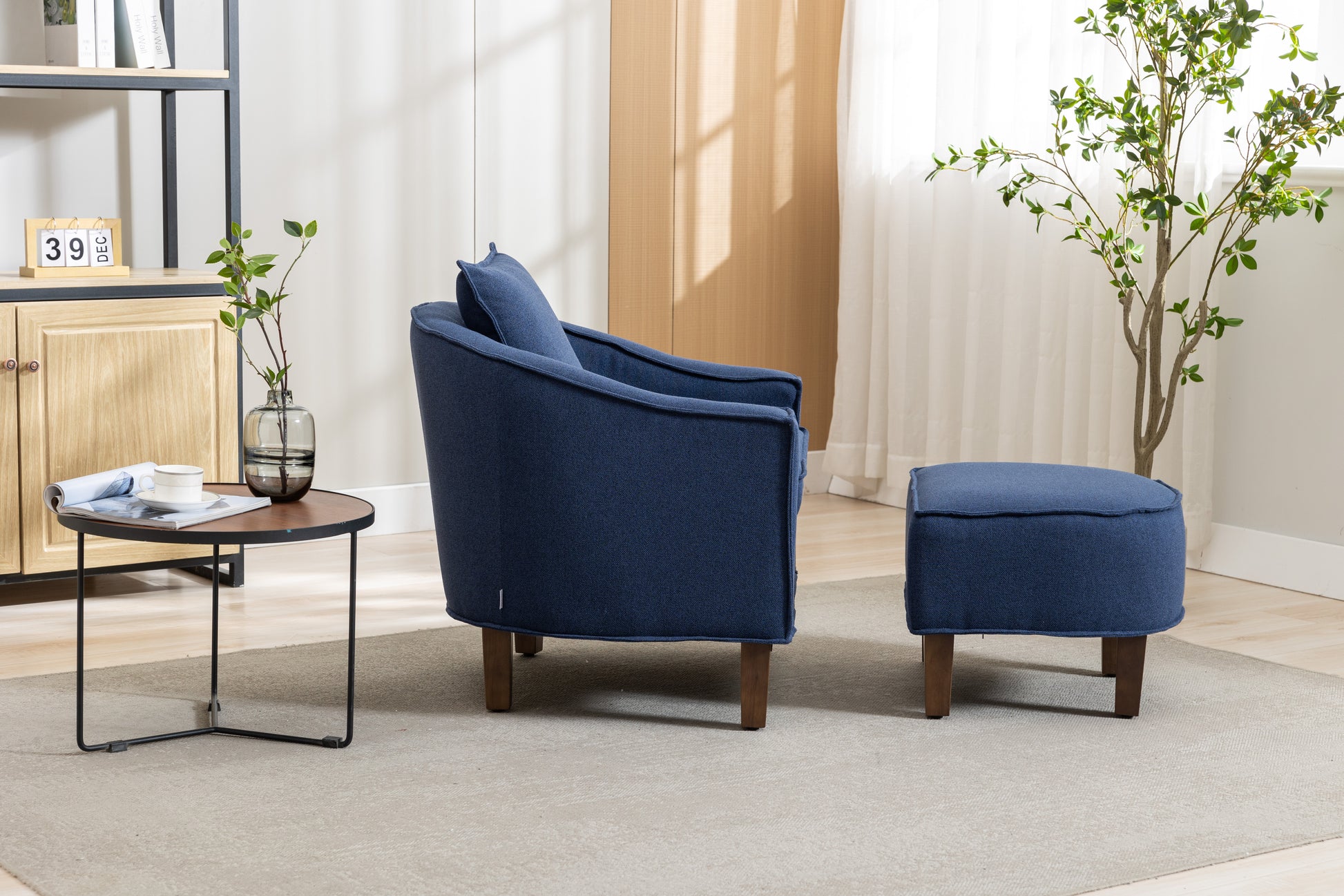 Coolmore Accent Chair With Ottoman, Mid Century Modern Barrel Chair Upholstered Club Tub Round Arms Chair For Living Room Navy Linen