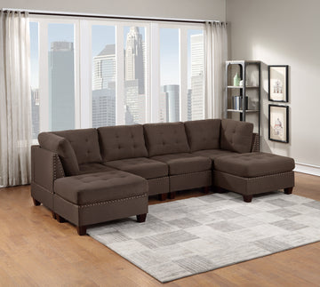 Modular Sectional 6Pc Set Living Room Furniture U Sectional Tufted Nail Heads Couch Black Coffee Linen Like Fabric 2X Corner Wedge 2X Armless Chairs And 2X Ottomans Coffee Wood Primary Living Space Cushion Back Contemporary,Modern Modular Fabric 6 Seat