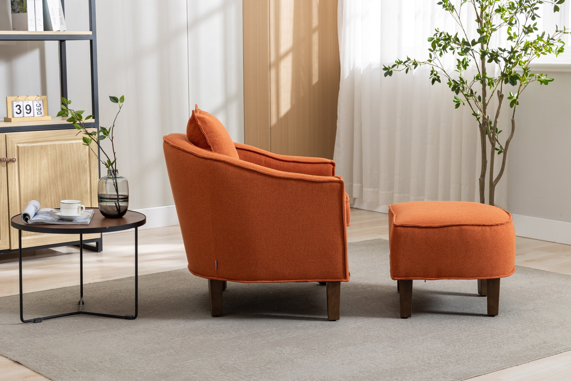 Coolmore Accent Chair With Ottoman, Mid Century Modern Barrel Chair Upholstered Club Tub Round Arms Chair For Living Room Orange Linen