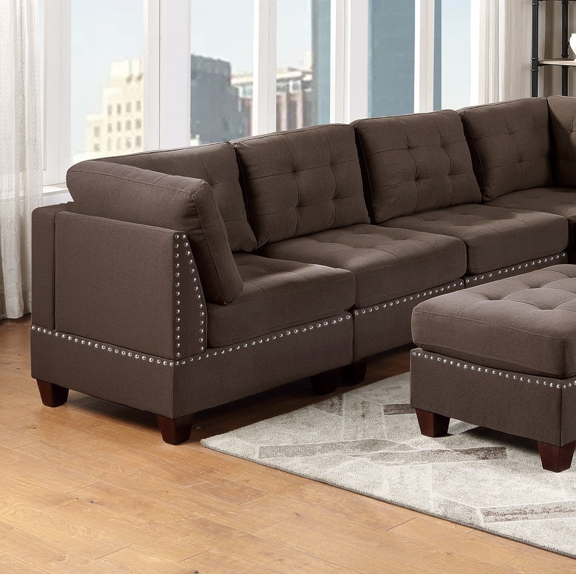 Modular Sectional 9Pc Set Living Room Furniture Corner Sectional Tufted Nail Heads Couch Black Coffee Linen Like Fabric 3X Corner Wedge 4X Armless Chairs And 2X Ottomans Coffee Primary Living Space Cushion Back Contemporary,Modern Modular Fabric 9 Seat