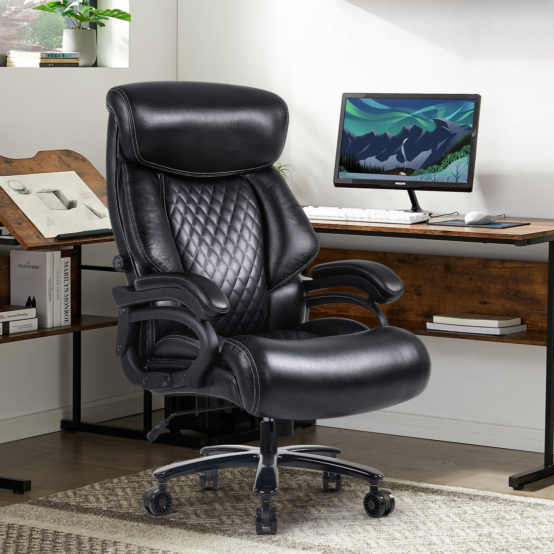 .Office Chair.Heavy and tall adjustable black-foam-pu