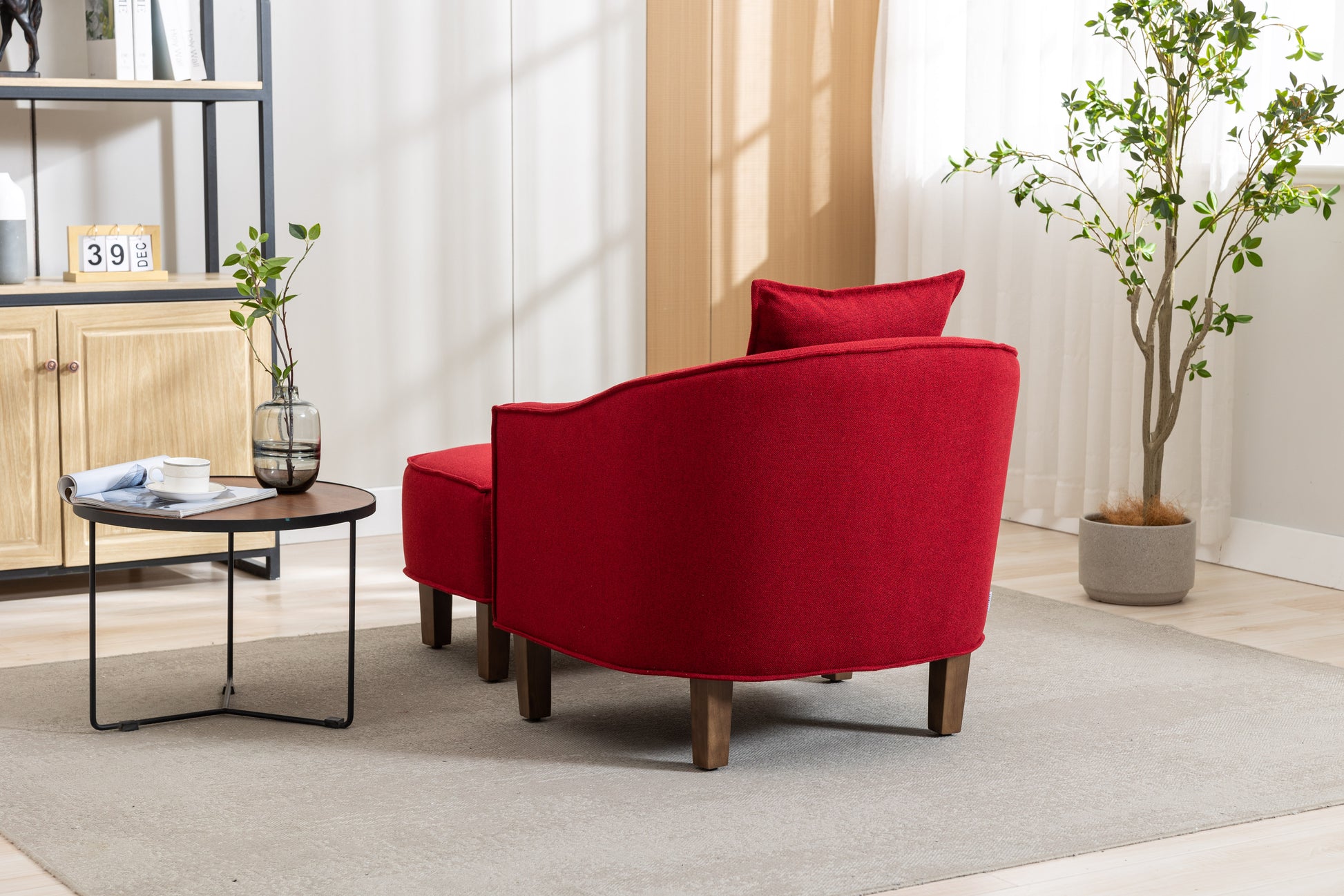 Coolmore Accent Chair With Ottoman, Mid Century Modern Barrel Chair Upholstered Club Tub Round Arms Chair For Living Room Red Linen