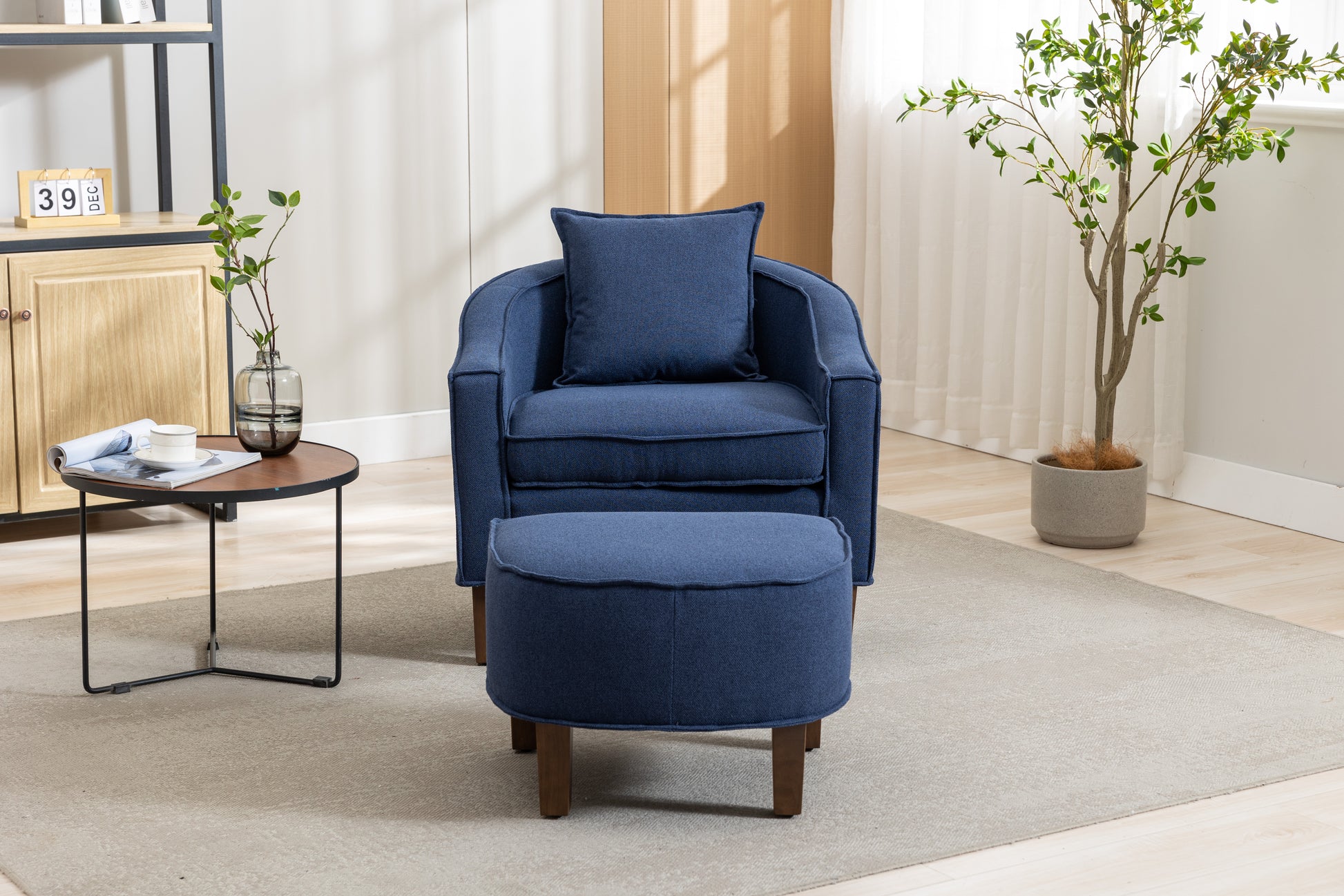 Coolmore Accent Chair With Ottoman, Mid Century Modern Barrel Chair Upholstered Club Tub Round Arms Chair For Living Room Navy Linen