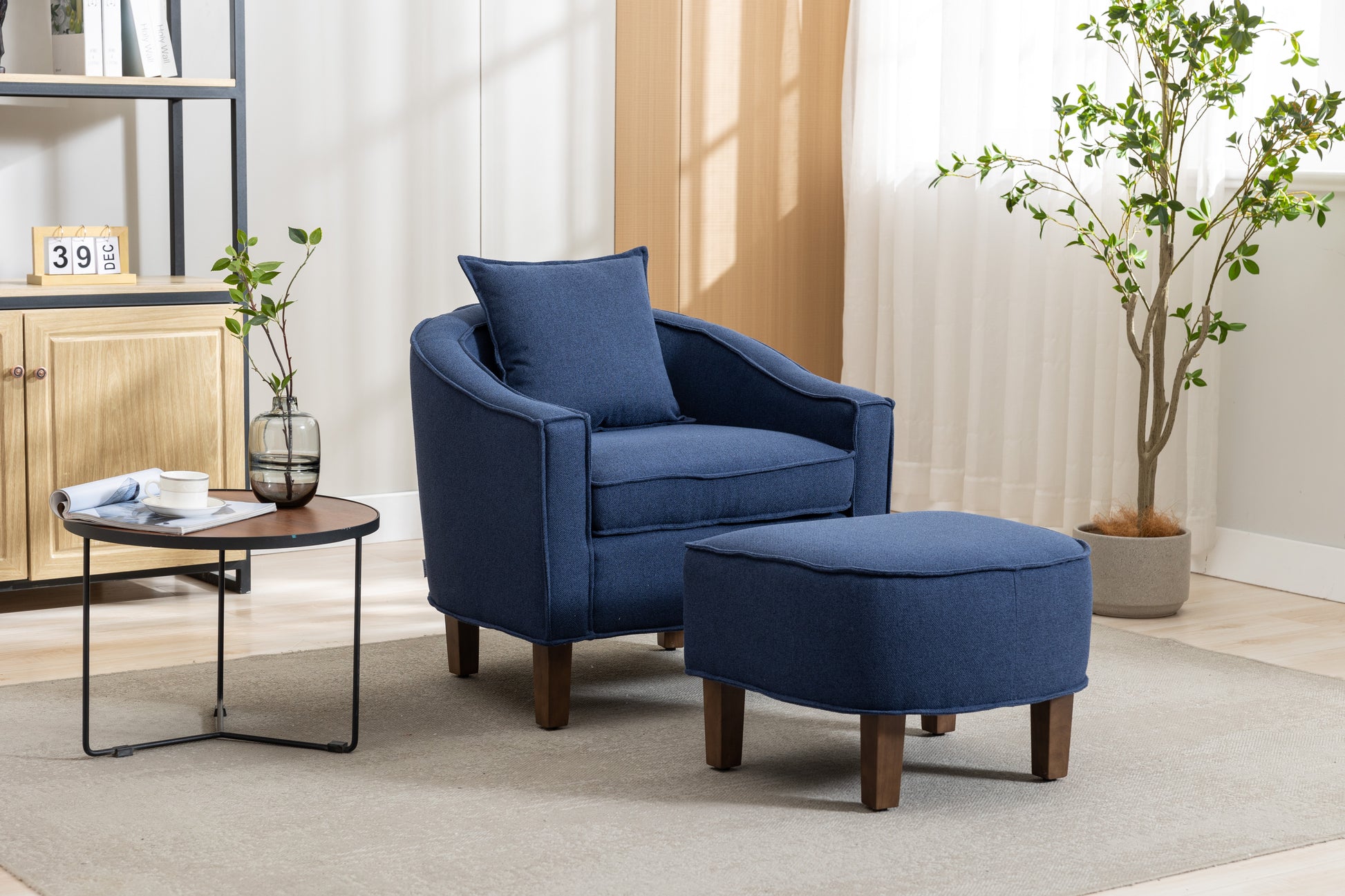 Coolmore Accent Chair With Ottoman, Mid Century Modern Barrel Chair Upholstered Club Tub Round Arms Chair For Living Room Navy Linen