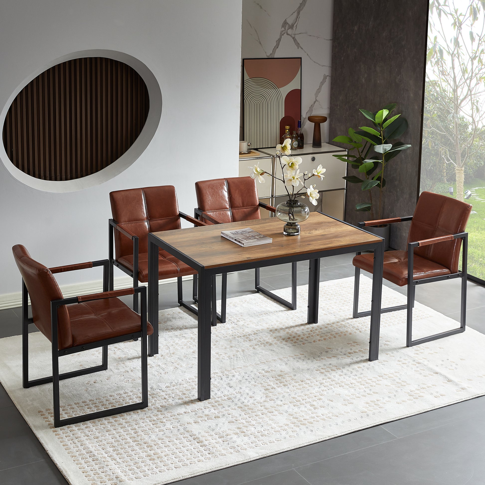 Brown Modern European Style Dining Chair Pu Leather Black Metal Pipe Dining Room Furniture Chair Set Of 2 Brown Pu Leather