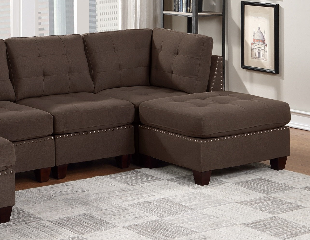 Modular Sectional 6Pc Set Living Room Furniture U Sectional Tufted Nail Heads Couch Black Coffee Linen Like Fabric 2X Corner Wedge 2X Armless Chairs And 2X Ottomans Coffee Wood Primary Living Space Cushion Back Contemporary,Modern Modular Fabric 6 Seat