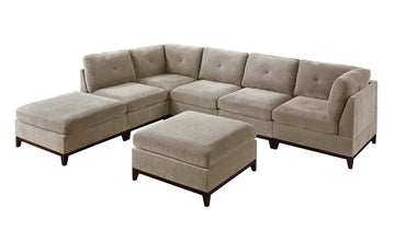 Camel Chenille Fabric Modular Sectional 7Pc Set Living Room Furniture L Sectional Couch 2X Corner Wedge 3X Armless Chairs And 2X Ottomans Tufted Back Exposed Wooden Base Camel Primary Living Space Contemporary,Modern Modular Chenille 7 Seat