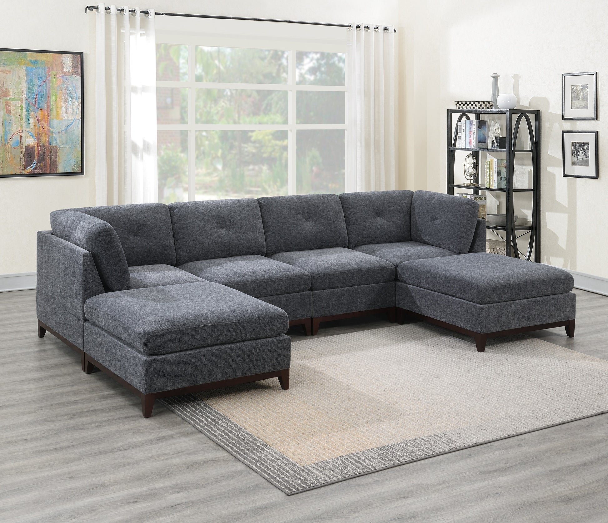 Ash Grey Chenille Fabric Modular Sectional 6pc Set gun ash-chenille-wood-primary living