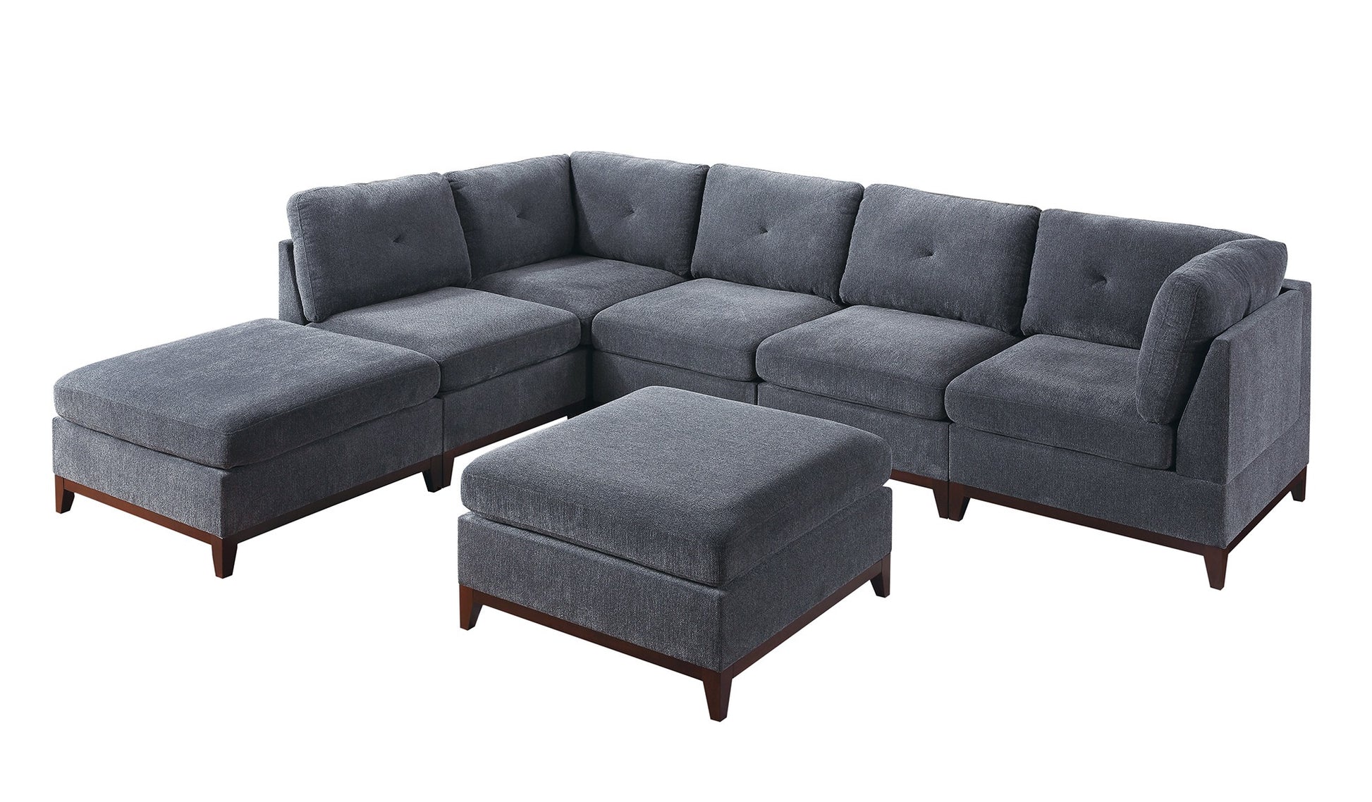 Ash Grey Chenille Fabric Modular Sectional 7Pc Set Living Room Furniture U Sectional Couch 2X Corner Wedge 3X Armless Chairs And 2X Ottomans Tufted Back Gun Ash Chenille Wood Primary Living Space Cushion Back Contemporary,Modern Modular Chenille 7 Seat