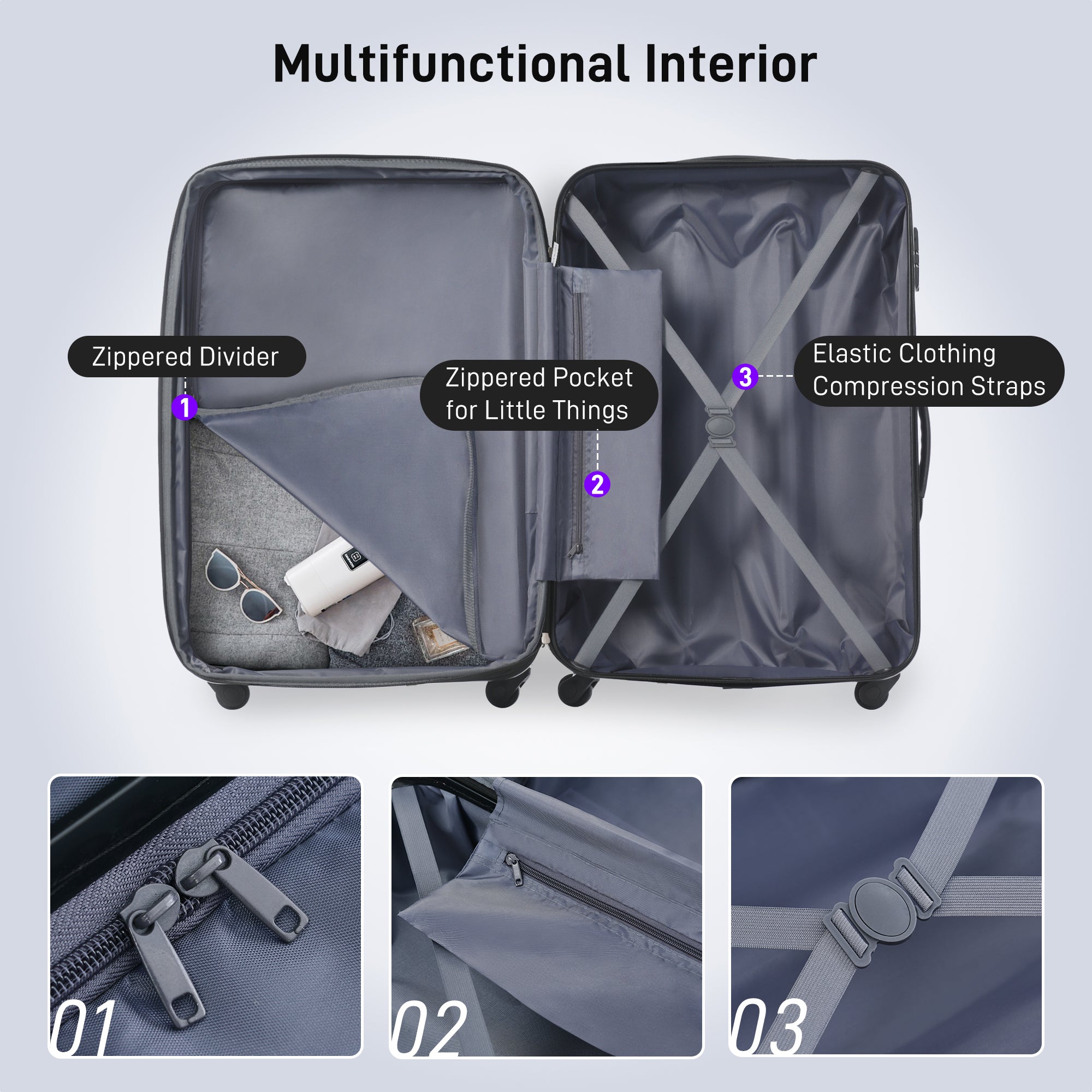 Luggage Sets of 2 Piece Carry on Suitcase Airline purple-abs