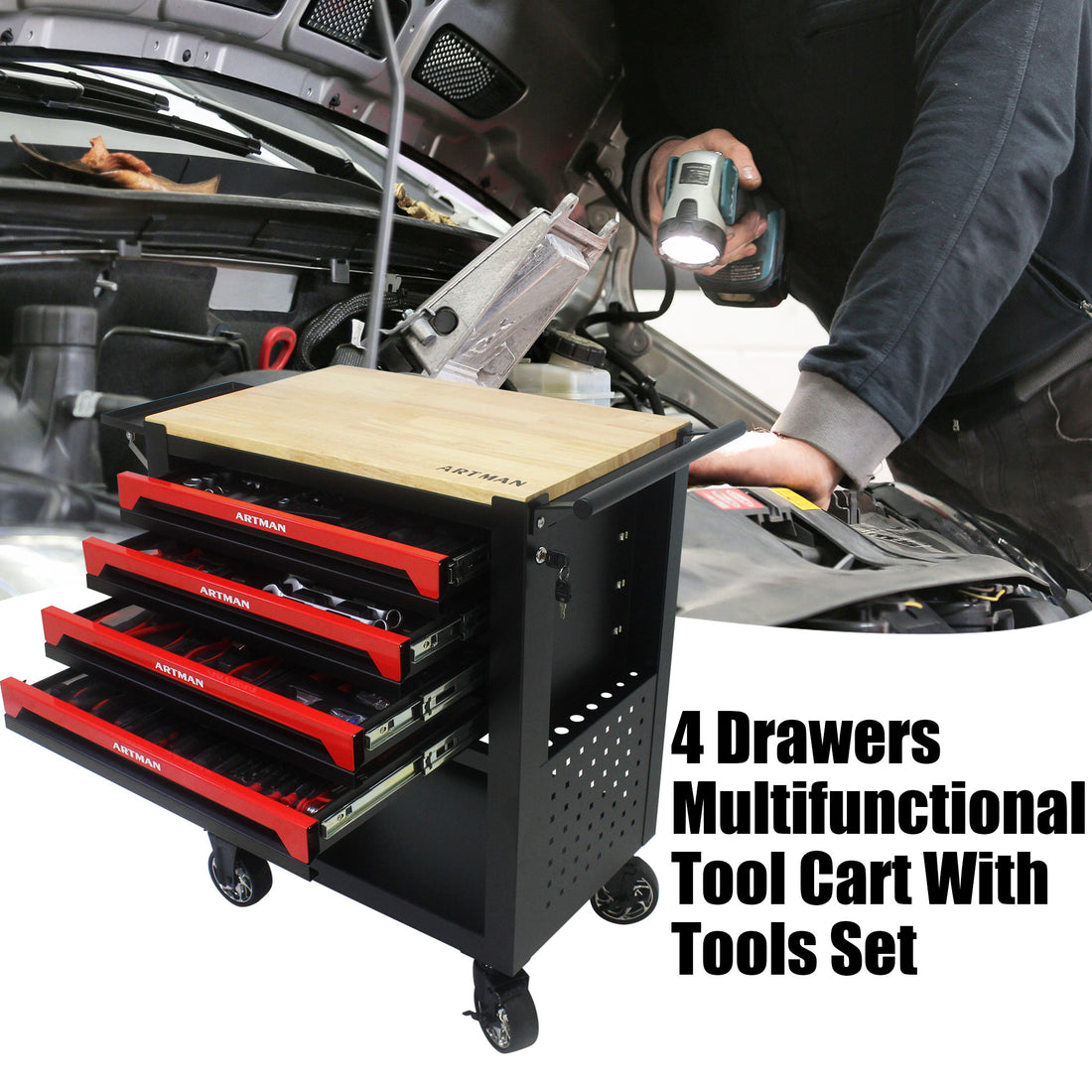 4 Drawers Multifunctional Tool Cart With Tool Set And Wooden Top Black Metal