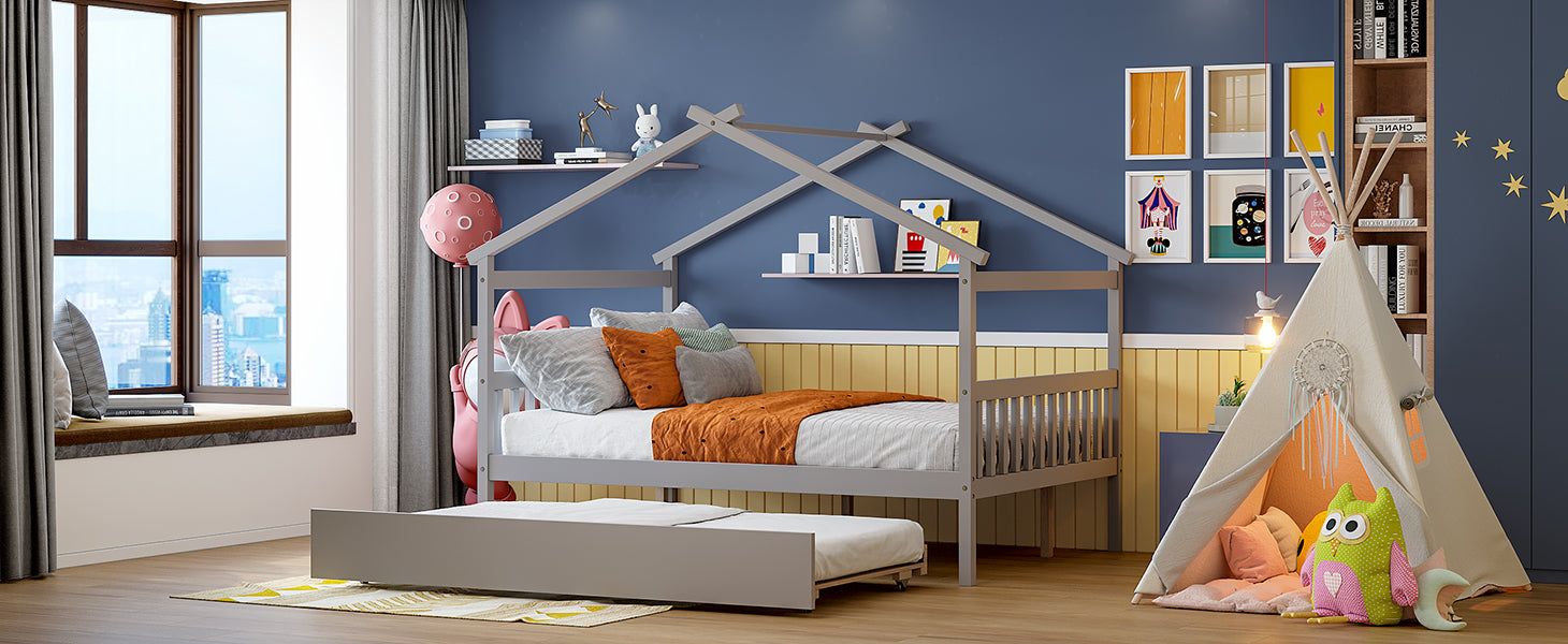 Full Size Wooden House Bed With Twin Size Trundle, Gray Gray Solid Wood