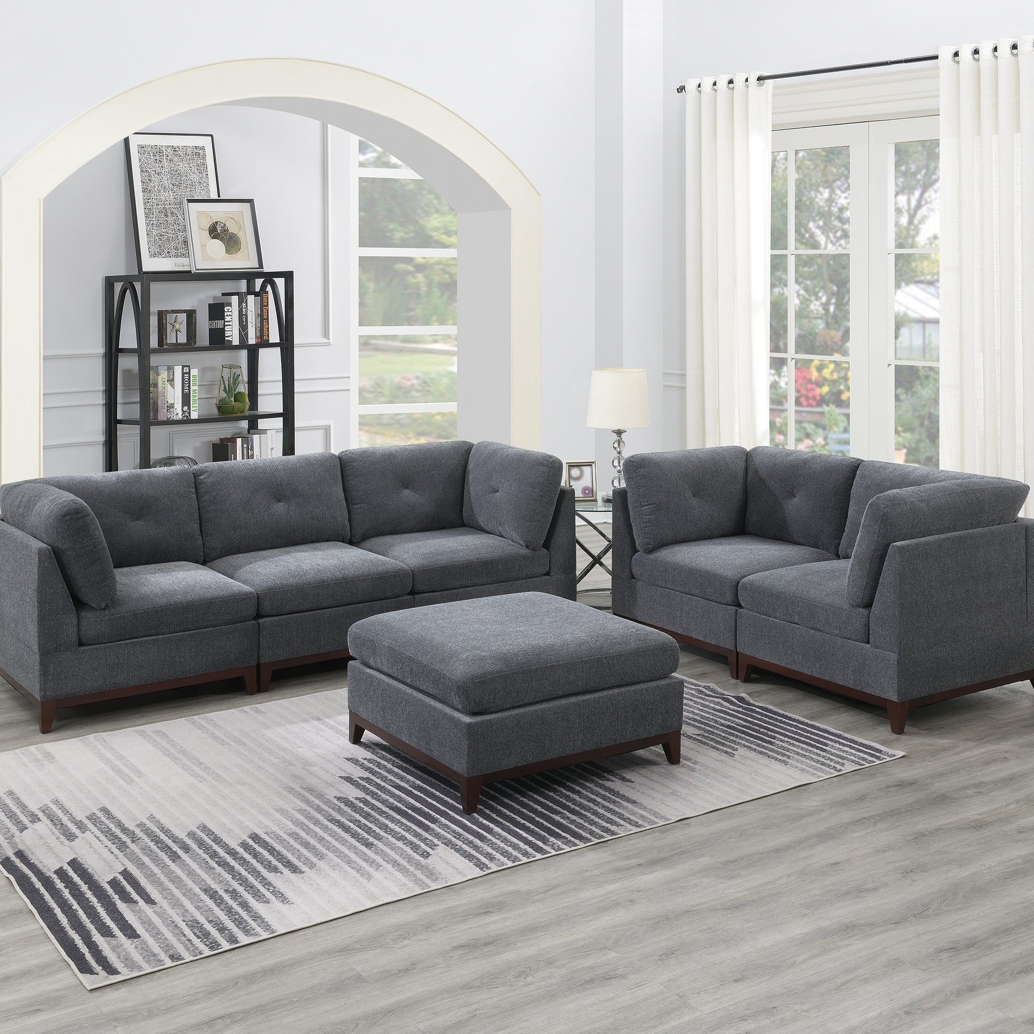 Ash Grey Chenille Fabric Modular Sofa Set 6Pc Set Living Room Furniture Couch Sofa Loveseat 4X Corner Wedge 1X Armless Chair And 1X Ottoman Tufted Back Gun Ash Chenille Wood Primary Living Space Cushion Back Contemporary,Modern Modular Chenille 6 Seat