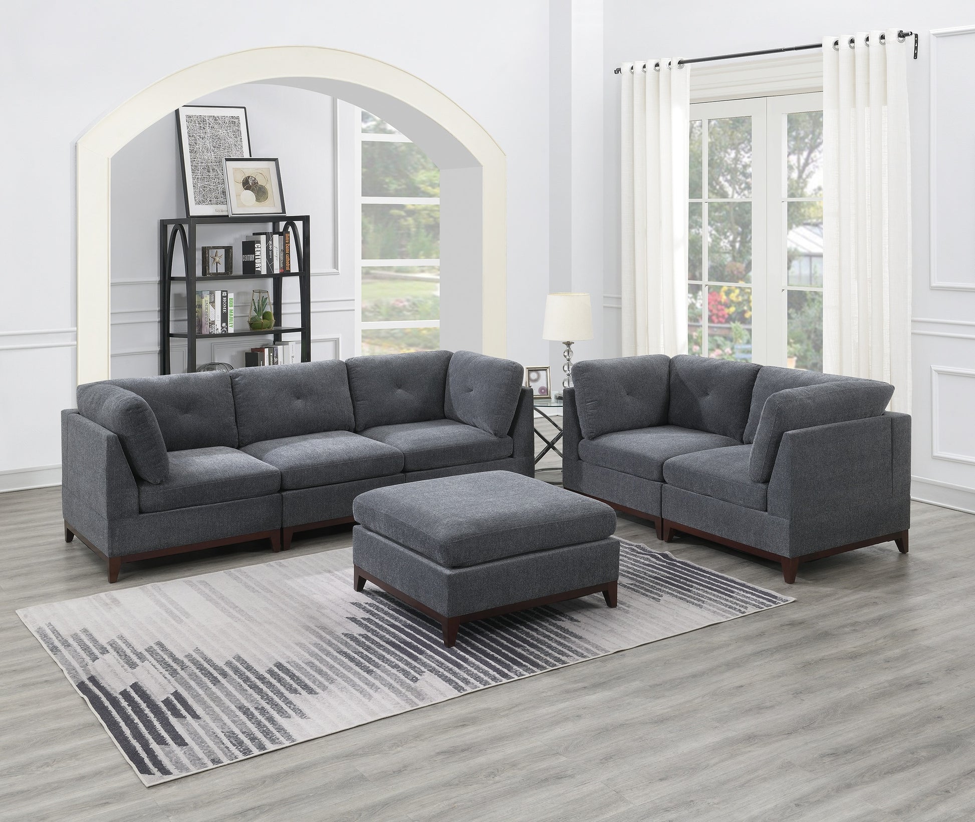 Ash Grey Chenille Fabric Modular Sofa Set 6Pc Set Living Room Furniture Couch Sofa Loveseat 4X Corner Wedge 1X Armless Chair And 1X Ottoman Tufted Back Gun Ash Chenille Wood Primary Living Space Cushion Back Contemporary,Modern Modular Chenille 6 Seat