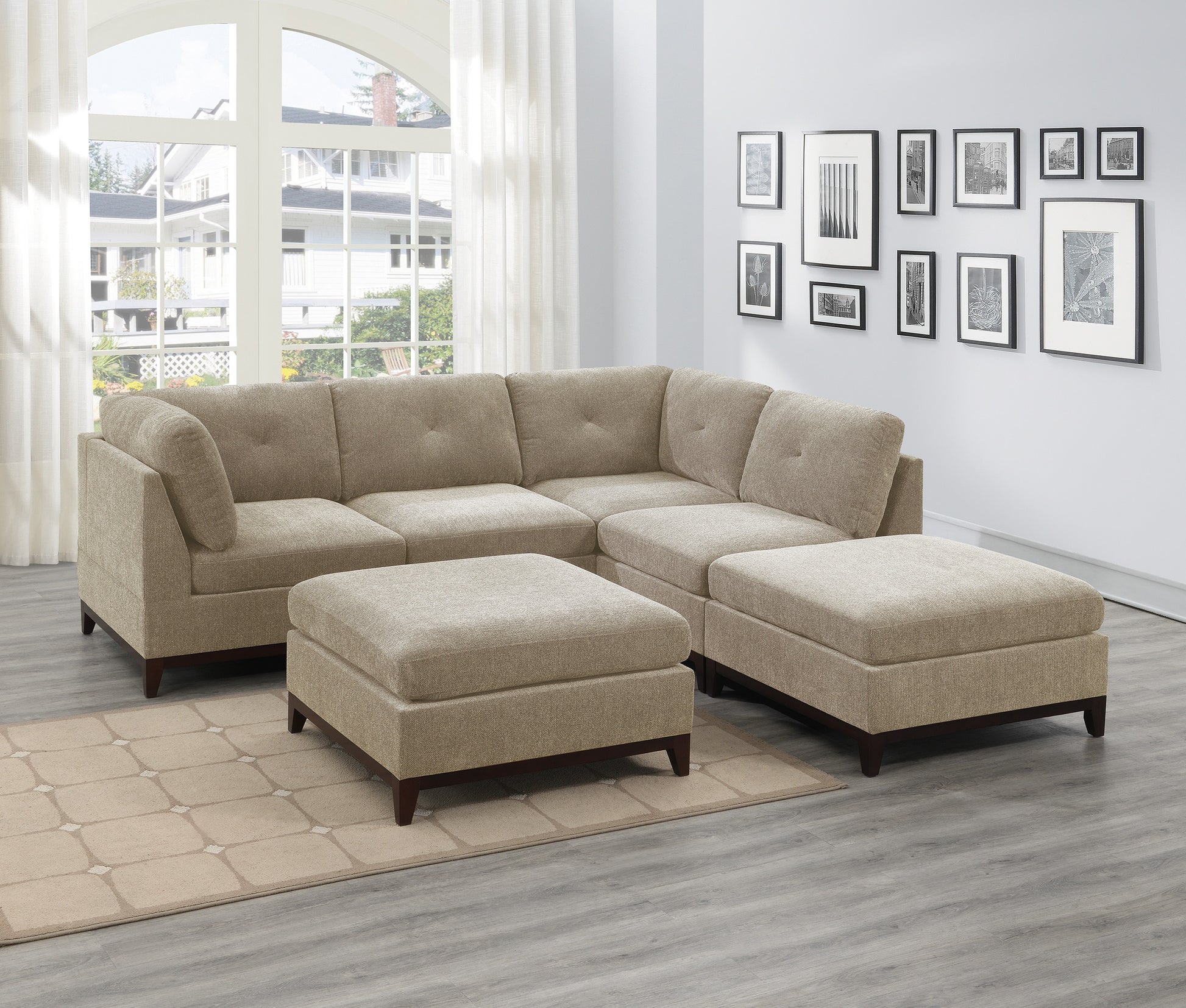 Camel Chenille Fabric Modular Sectional 6Pc Set Living Room Furniture Corner L Sectional Couch 2X Corner Wedge 2X Armless Chairs And 2X Ottomans Tufted Back Exposed Wooden Base Camel Chenille Wood Primary Living Space Cushion Back Contemporary,Modern