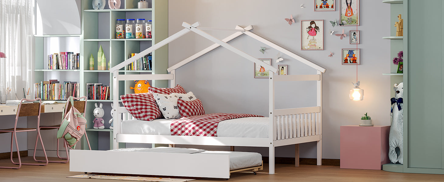 Full Size Wooden House Bed With Twin Size Trundle, White White Solid Wood