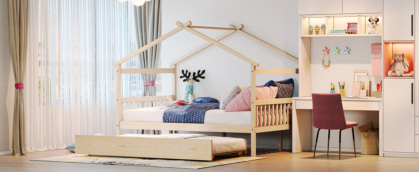 Full Size Wooden House Bed With Twin Size Trundle, Natural Natural Solid Wood