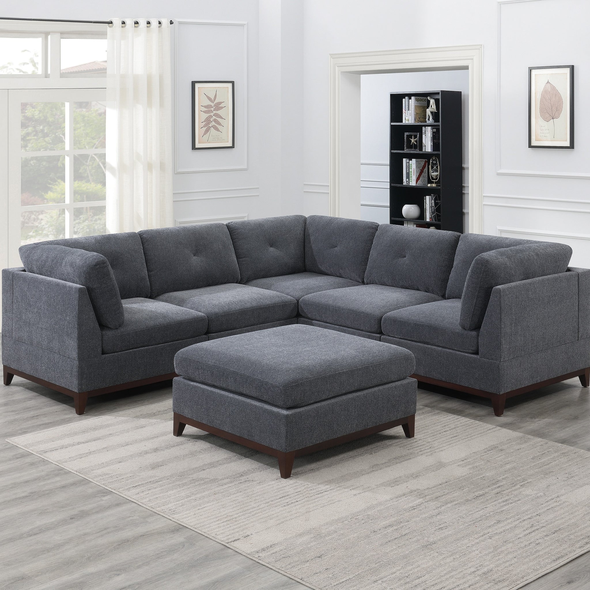 Ash Grey Chenille Fabric Modular Sectional 6Pc Set Living Room Furniture Corner Sectional Couch 3X Corner Wedge 2X Armless Chairs And 1X Ottoman Tufted Back Gun Ash Chenille Wood Primary Living Space Cushion Back Contemporary,Modern Modular Chenille 6